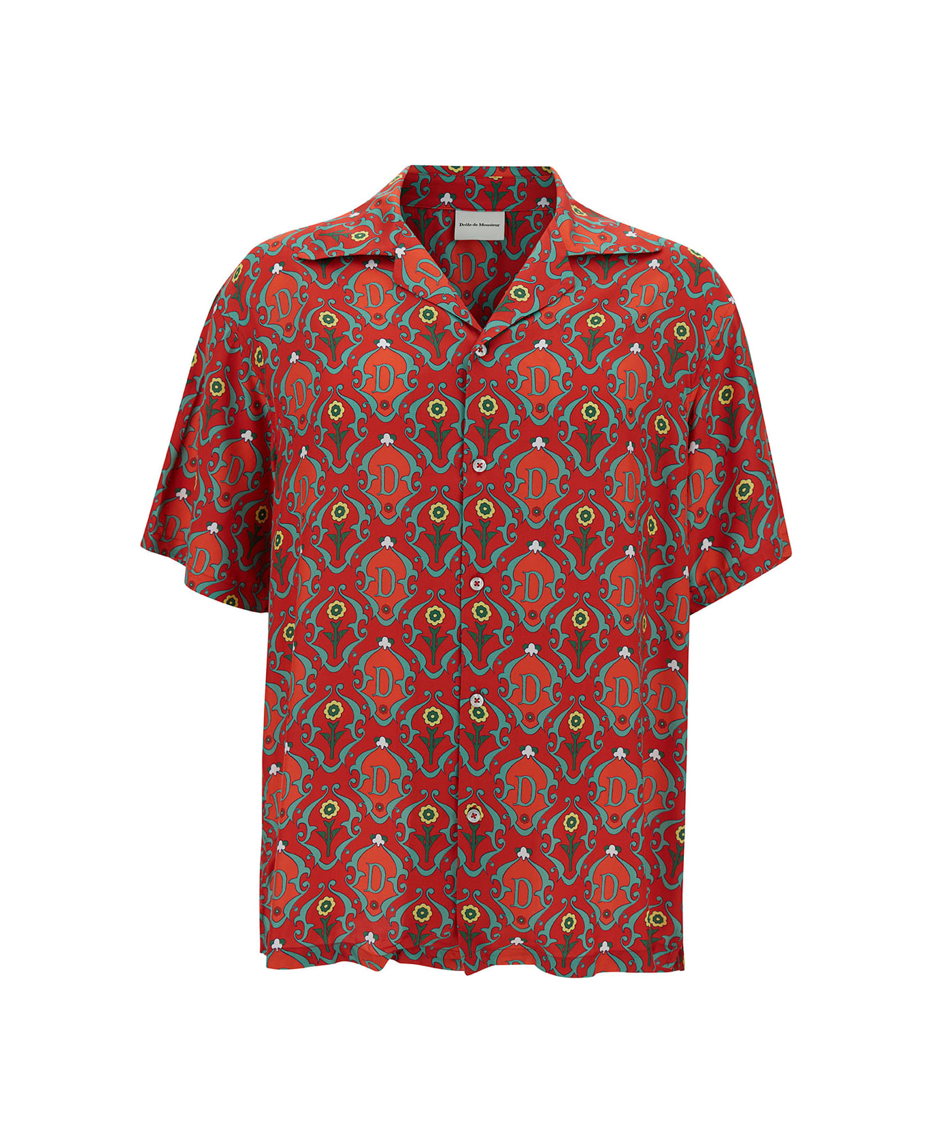 Drôle de Monsieur Red Bowling Shirt With Ornements Print In Satin Man - Red