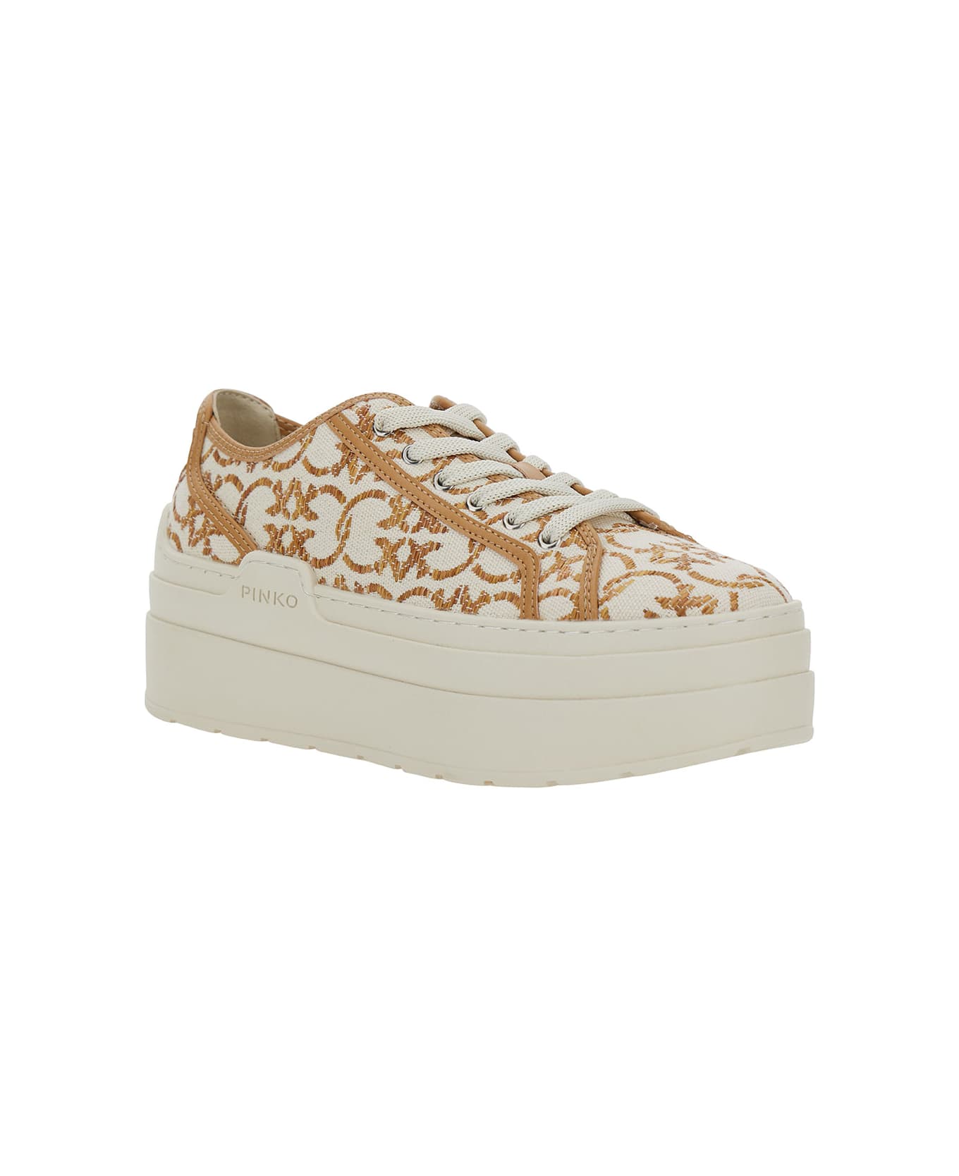 Pinko White And Gold Platform Sneakers With Love Birds Monogram In Canvas Woman - Beige