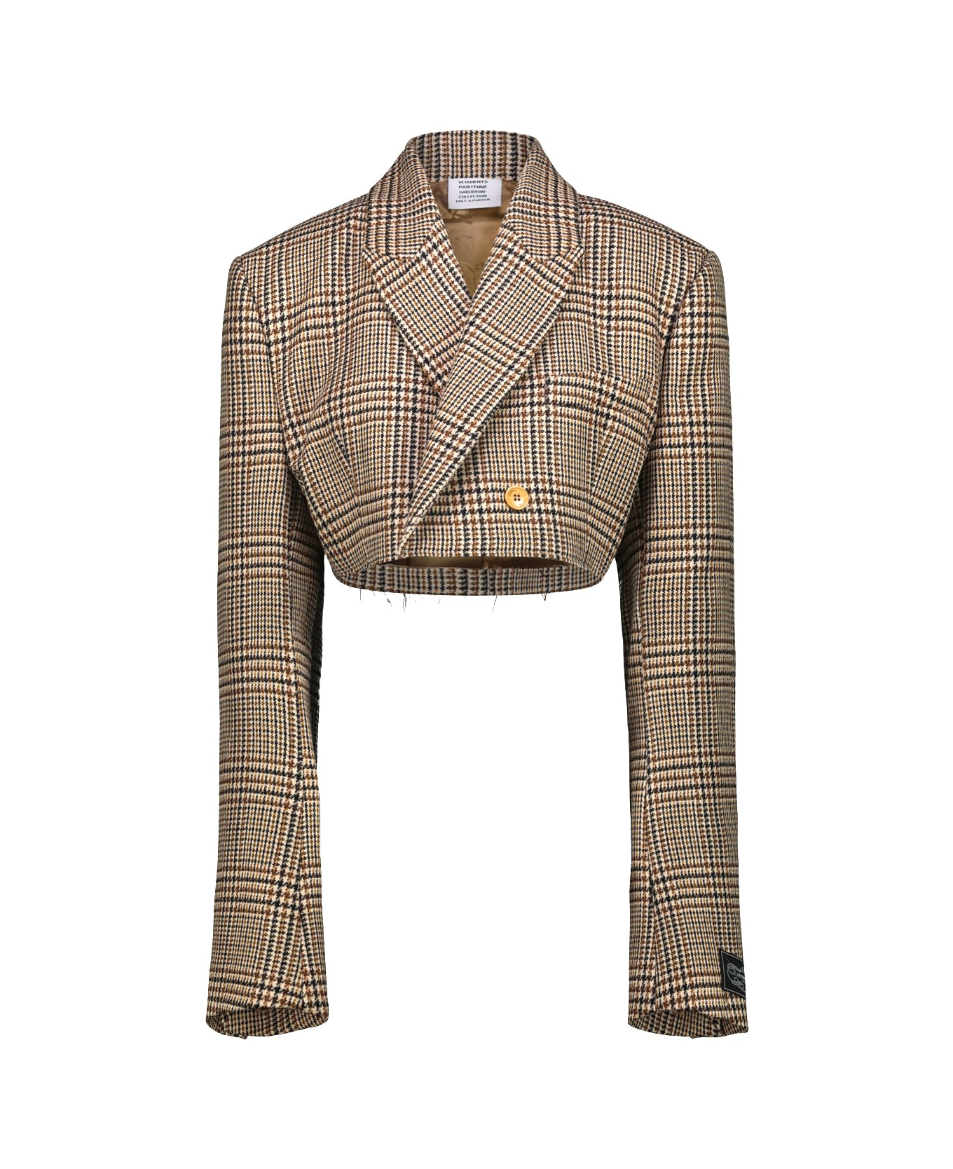 VETEMENTS Cropped Deconstructed Tailored Jacked - Beige Houndstooth Check