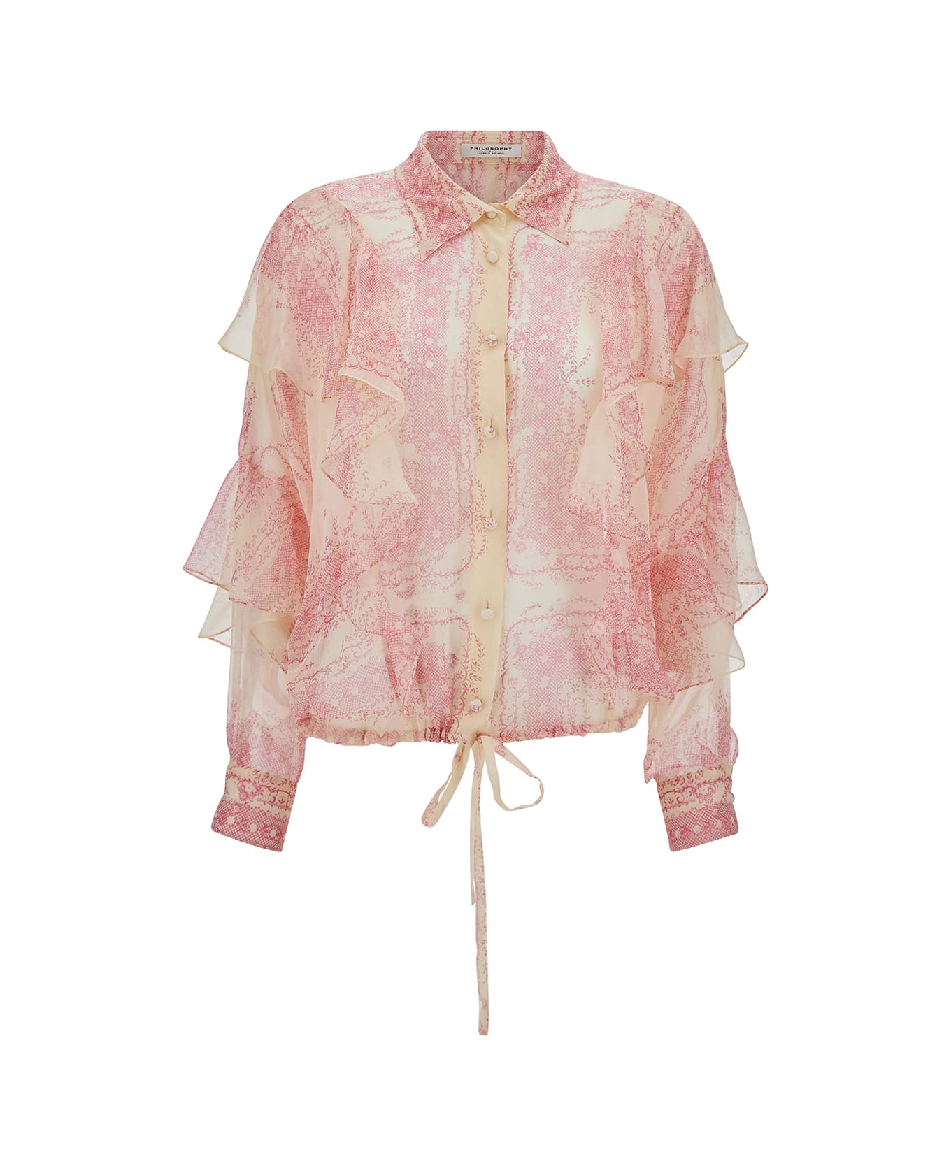 Philosophy di Lorenzo Serafini Pink Shirt With Volant And All-over Print In Silk Woman - Pink