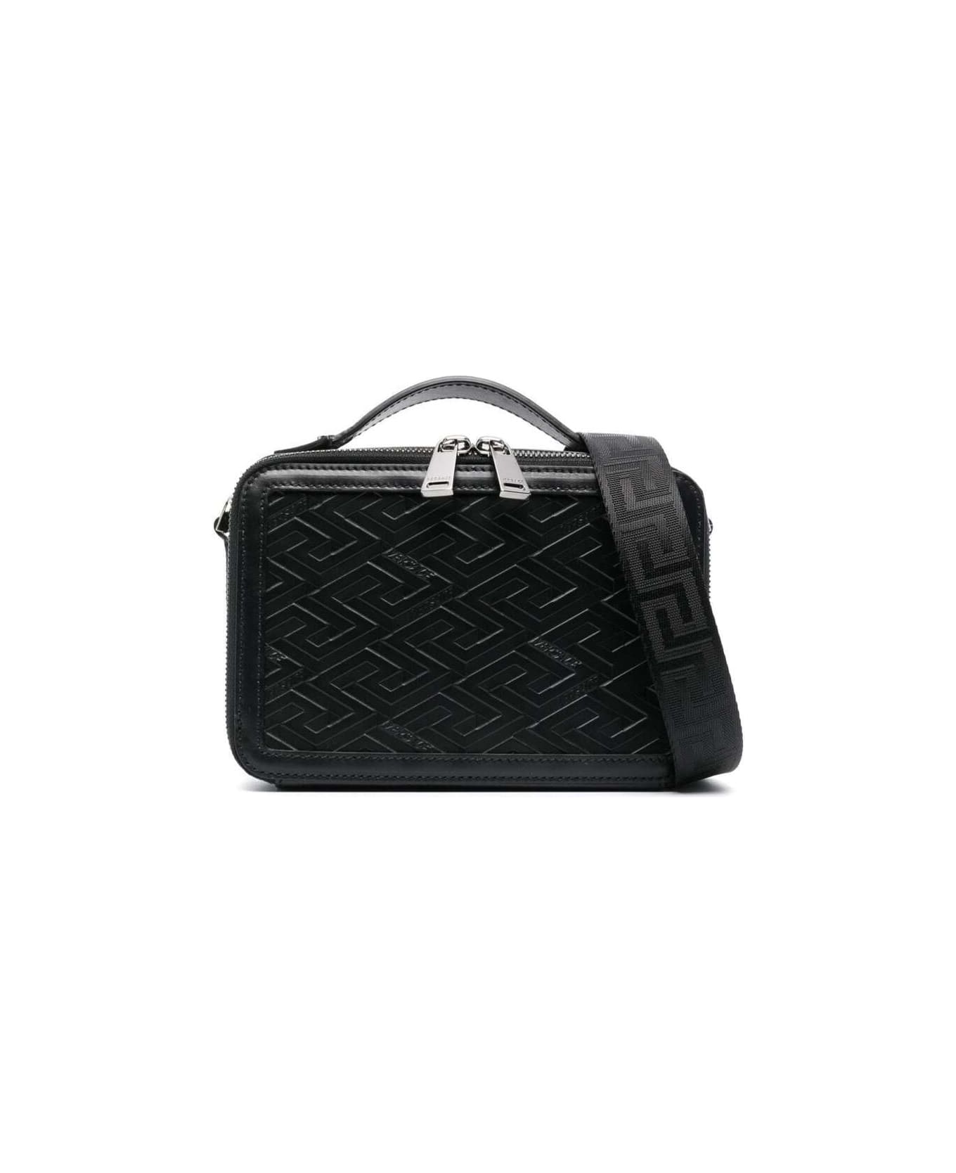 Versace Messenger Bag With All-over Greca Print In Black Calf Leather Man - Black