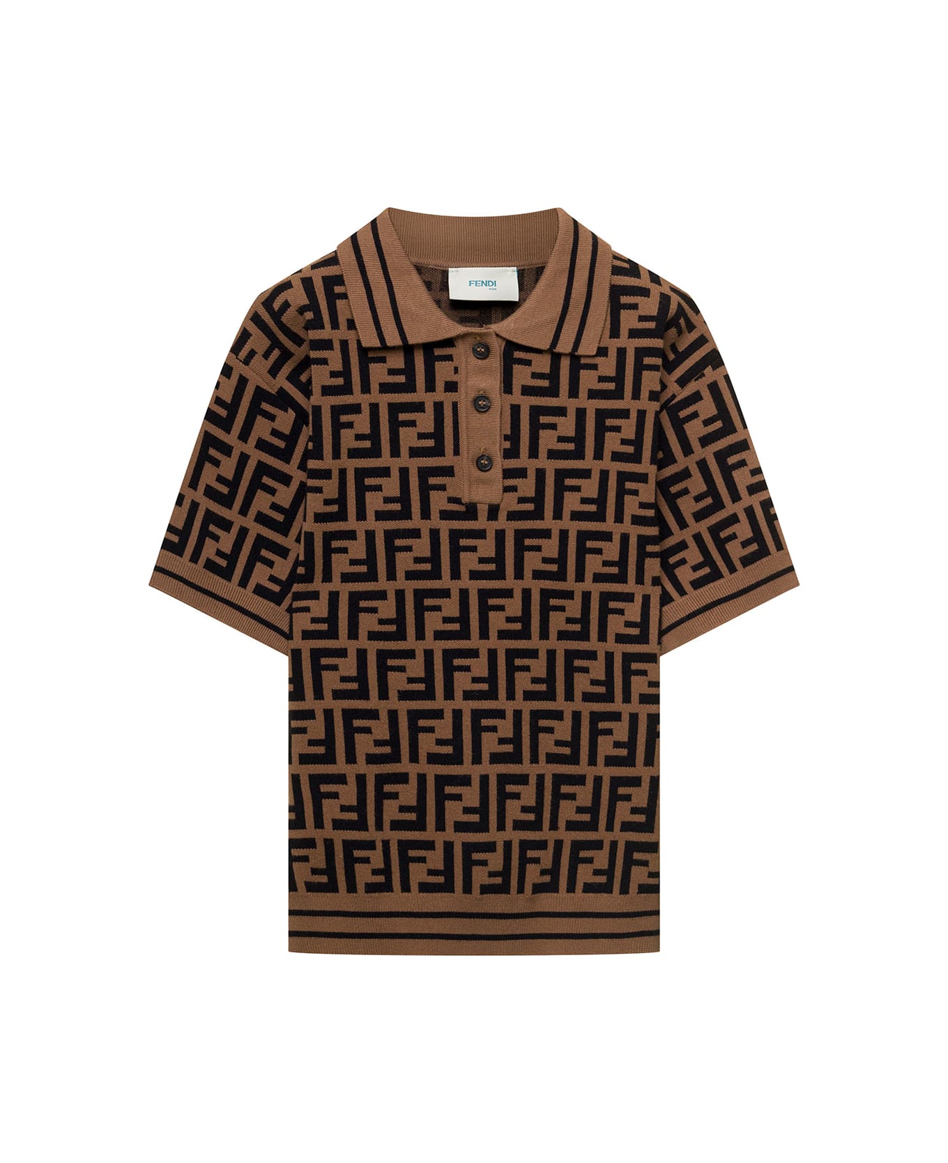 Fendi Brown Knit Polo With All-over Ff Motif In Viscose Boy - Orange