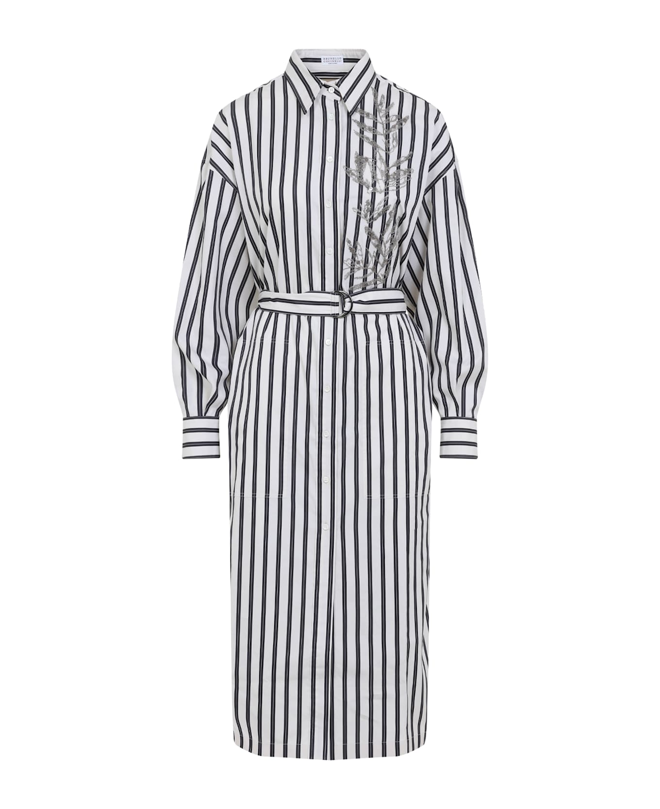 Brunello Cucinelli Regimental Cotton-silk Poplin Dress With Glistening Herbarium Embroidery - White/black