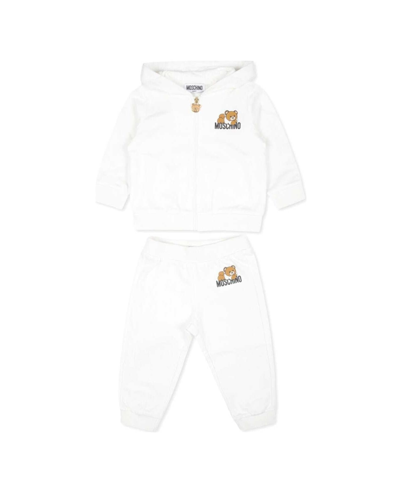 Moschino White Hoodie + Pants Set With Teddy Bear Print In Cotton Baby - White