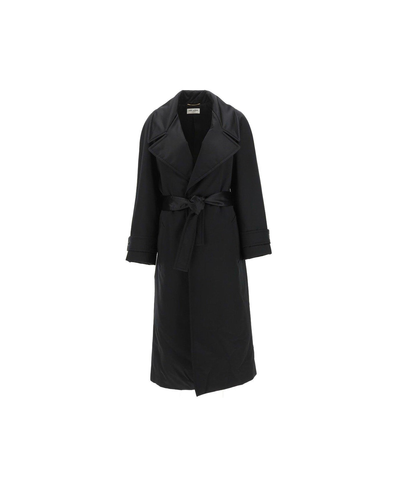 Saint Laurent Belted Long-sleeved Coat - BLACK