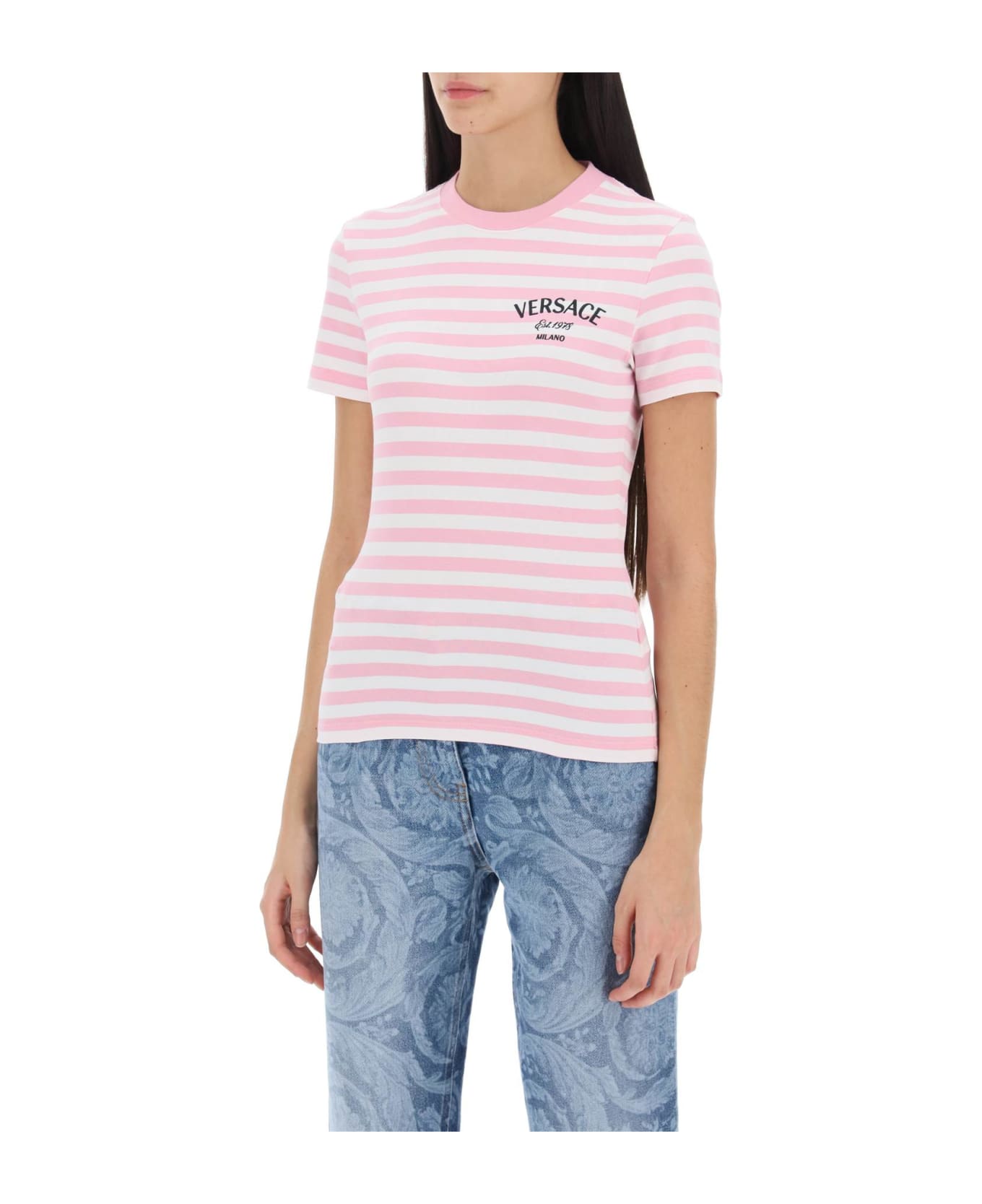 Versace Logo-embroidered Crewneck Striped T-shirt - WHITE PALE PINK MULTICOLO (White)