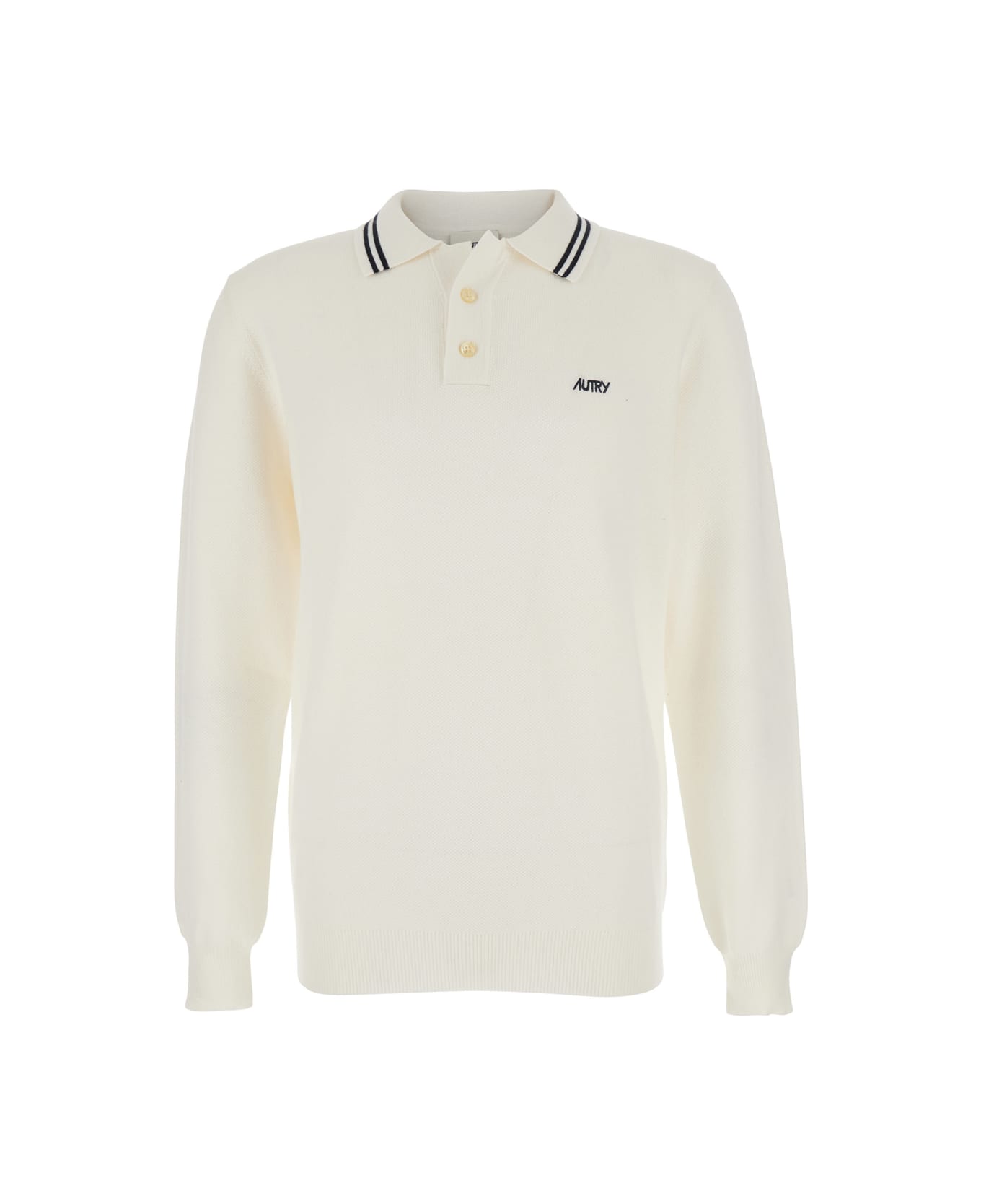 Autry White Long-sleeve Polo Shirt With Striped Collar And Logo Lettering Embroidery On The Front In Wool And Cotton Blend Man - White