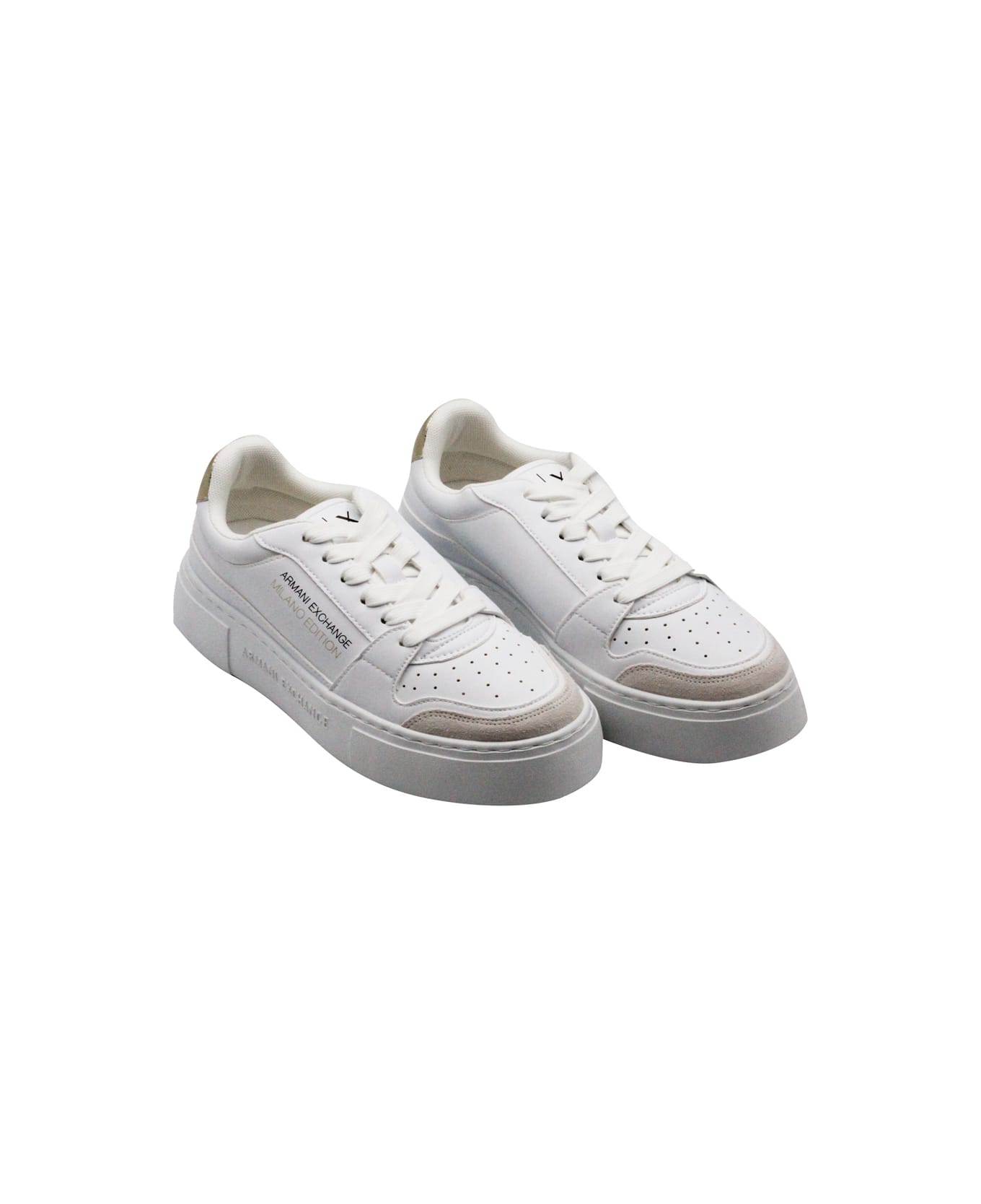 Armani Collezioni Leather Sneakers With Matching Box Sole And Lace Closure. Small Golden Rear Logo And Side Writing - White