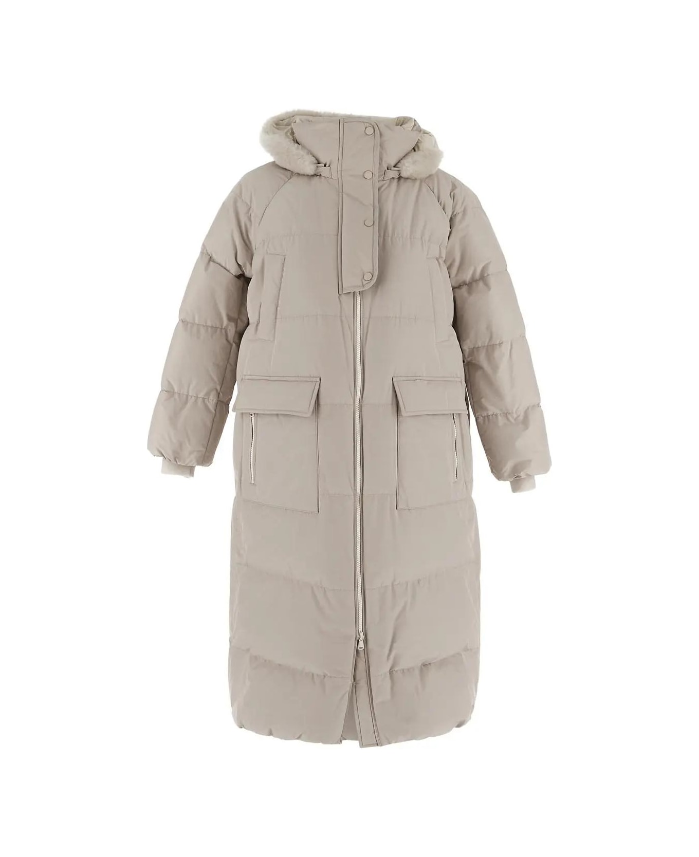 Brunello Cucinelli Long Down Jacket With Detachable Hood - Grey Plaster