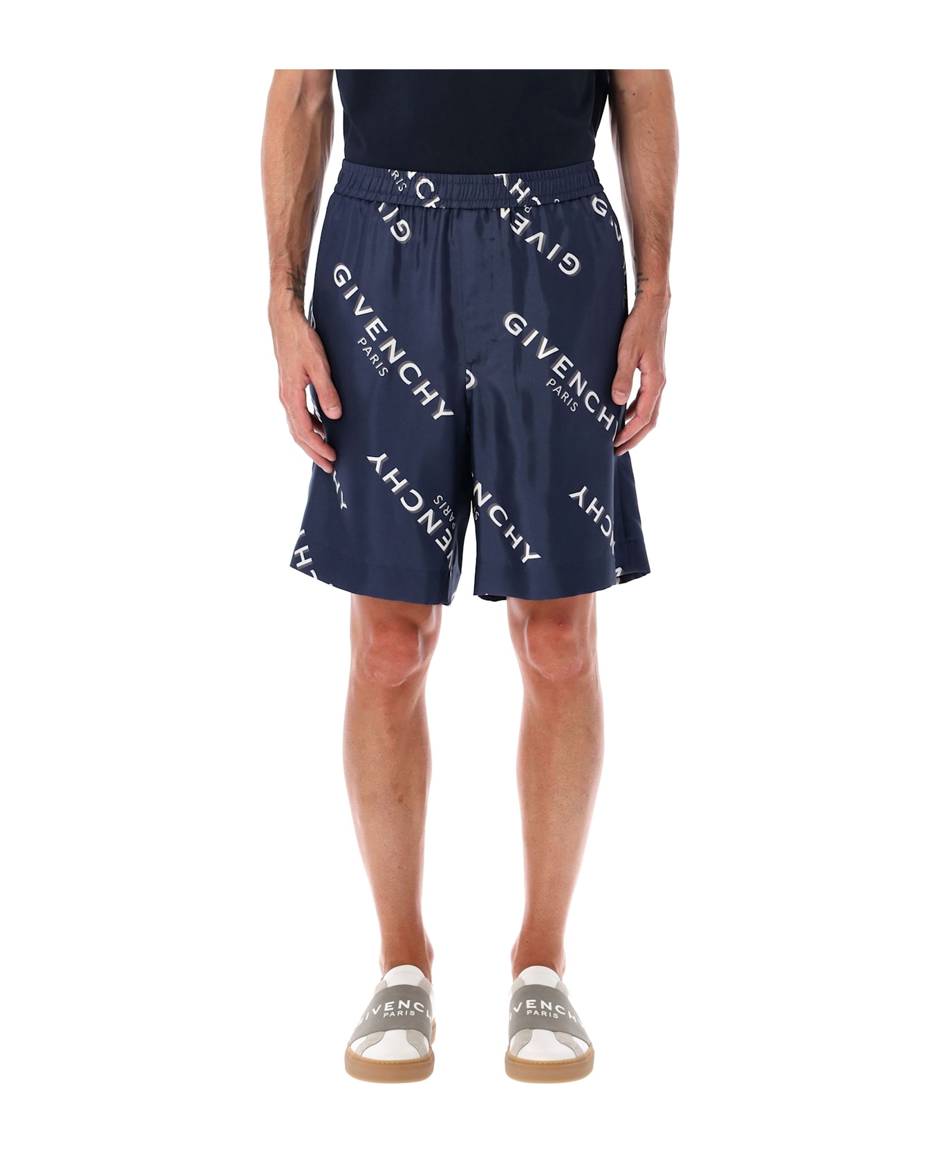 Givenchy Navy Silk Bermuda Shorts With Givenchy All-over Print - NAVY