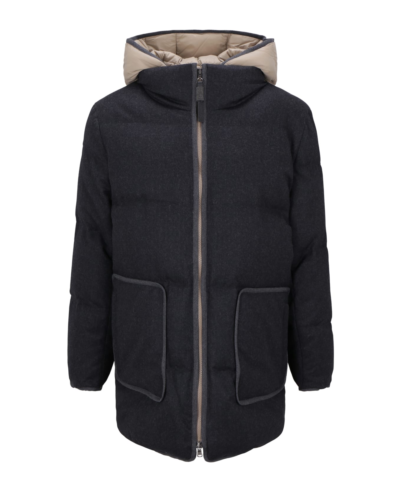 Brunello Cucinelli Long Down Jacket In Soft Wool Padded With Real Goose Down With Detachable Front With Hood. - Antracite