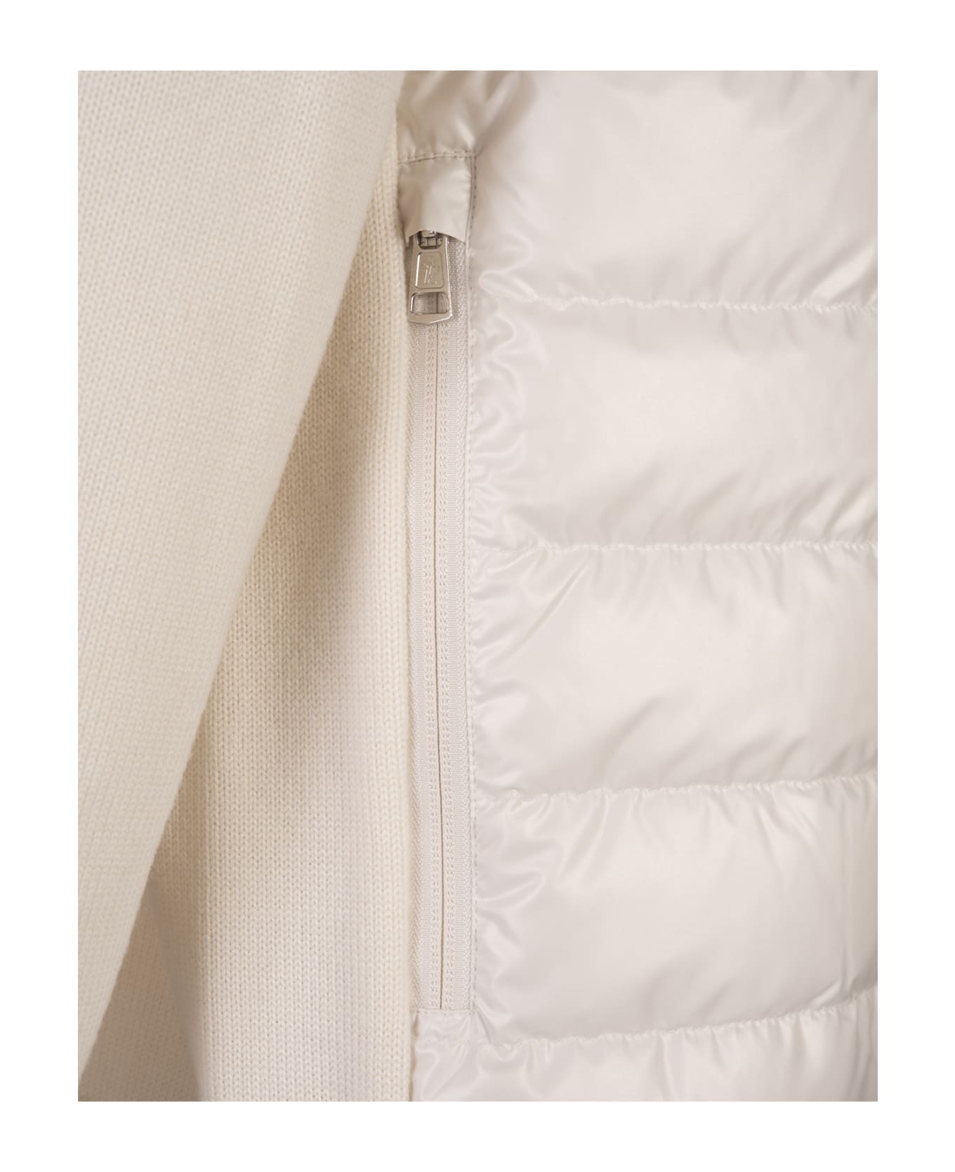 Moncler Padded Tricot Cardigan With Hood In White And Navy Blue - White