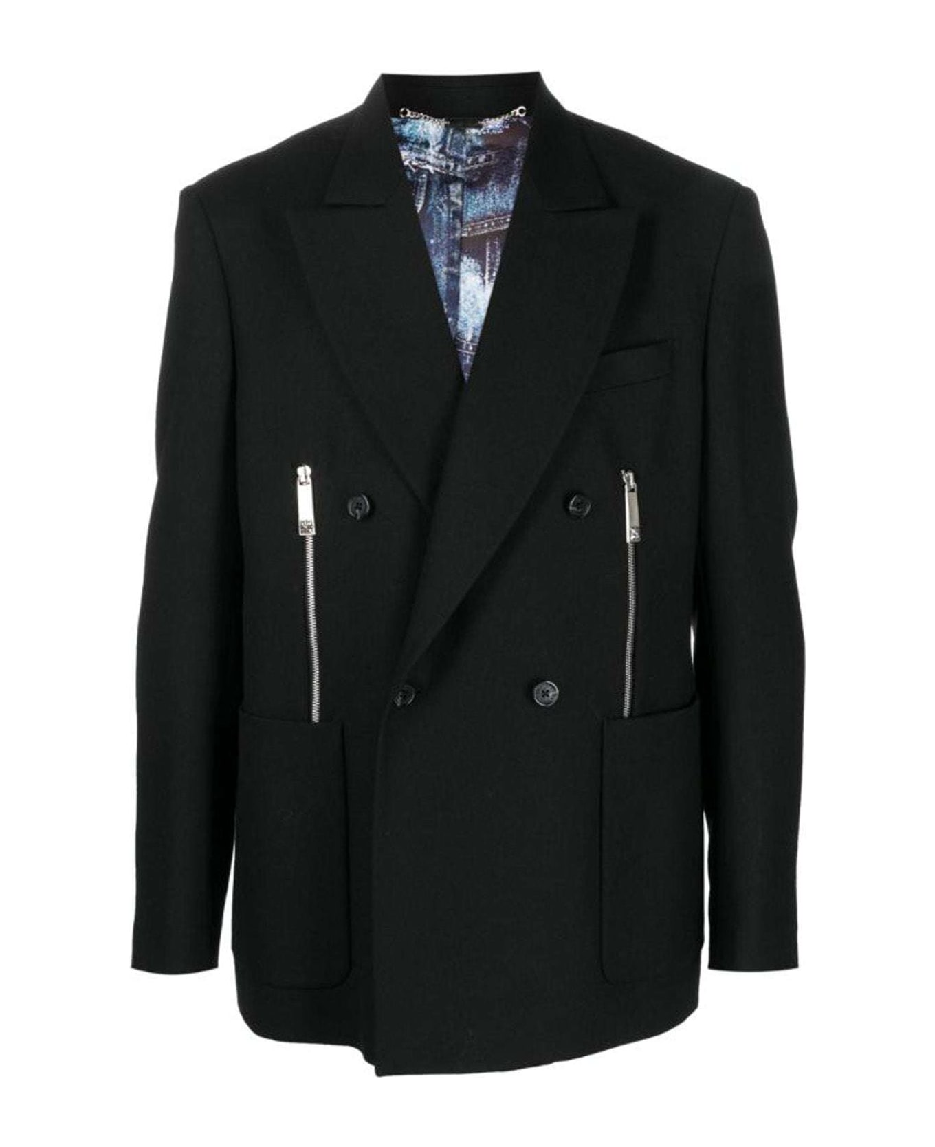 John Richmond Double-breasted Blazer In 100% Virgin Wool With Contrasting Zip - Nero