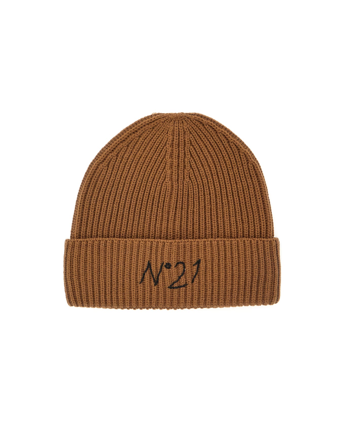 N.21 Brown Beanie With Turn-up Brim And Logo Embroidery In Wool Blend Boy - Brown