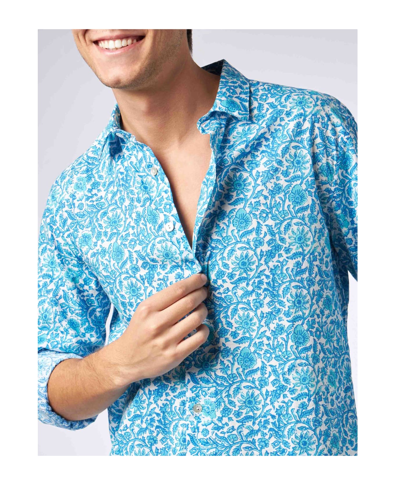 MC2 Saint Barth Man Muslin Cotton Sikelia Shirt With Flower Print - WHITE