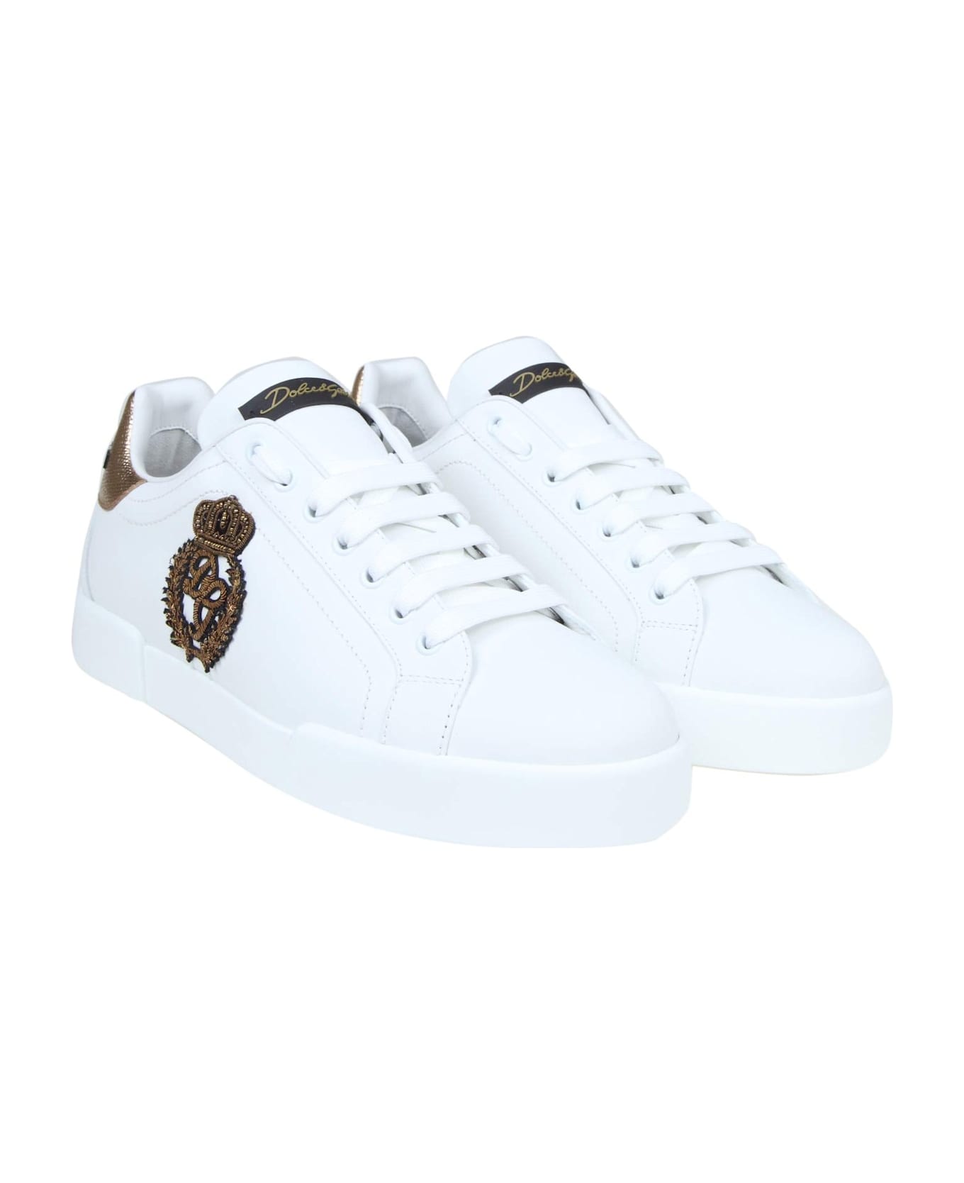 Dolce & Gabbana Portofino Sneakers In Leather With Side Crown Logo - White / Gold