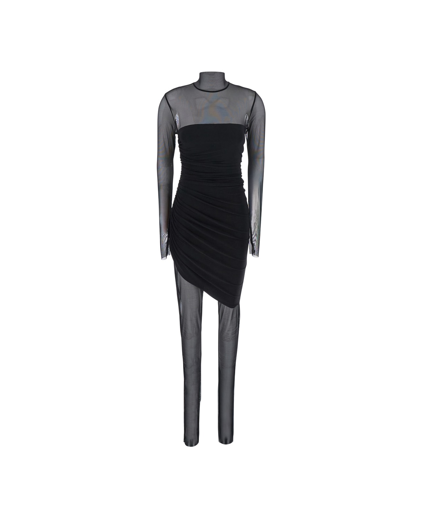 Norma Kamali Black Mini Dress With Asymmetric Hem And Mesh Sleeves In Tech Fabric Woman - Black