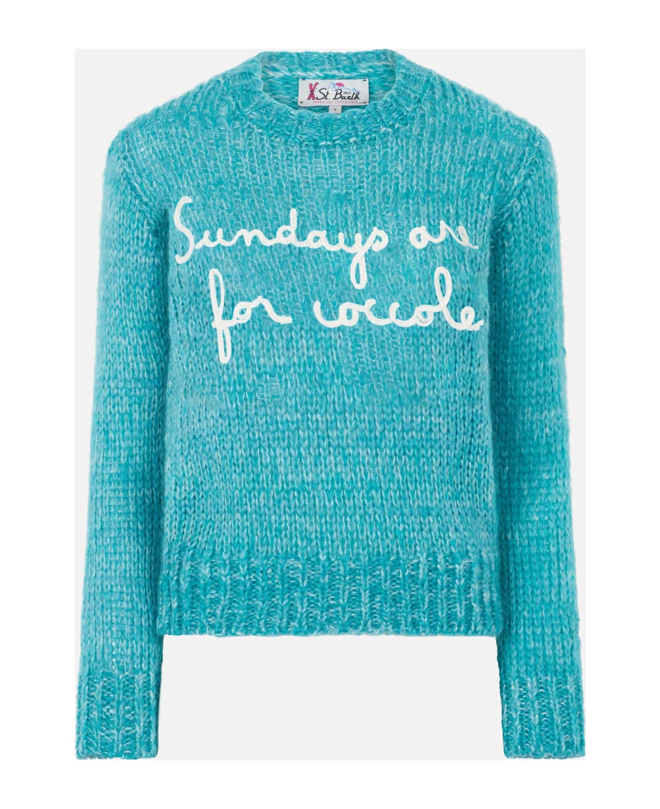 MC2 Saint Barth Woman Crewneck Soft Crop Sweater With Sundays Are For Coccole Embroidery - SKY ニットウェア