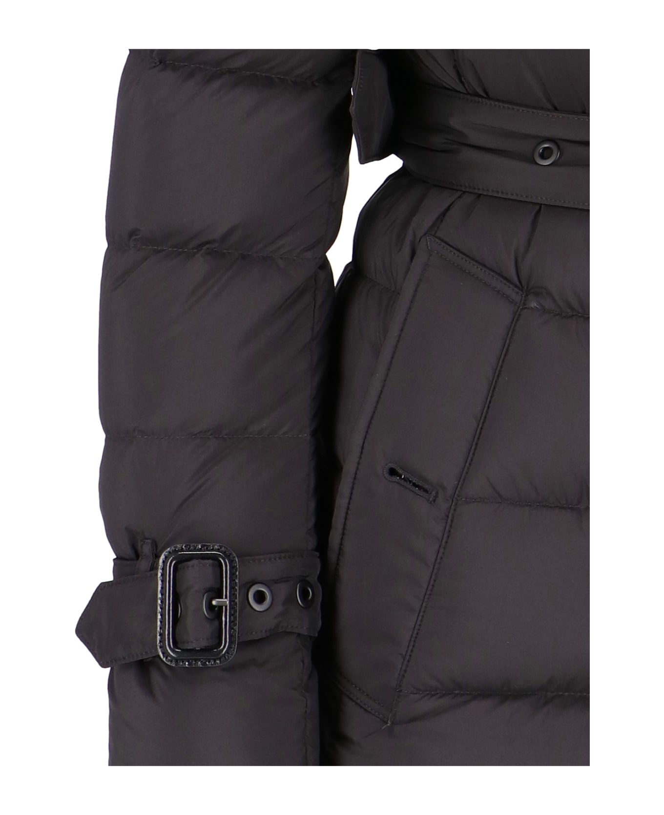 Burberry Long Black Belted Down Jacket With Removable Hood In Nylon Woman - Black