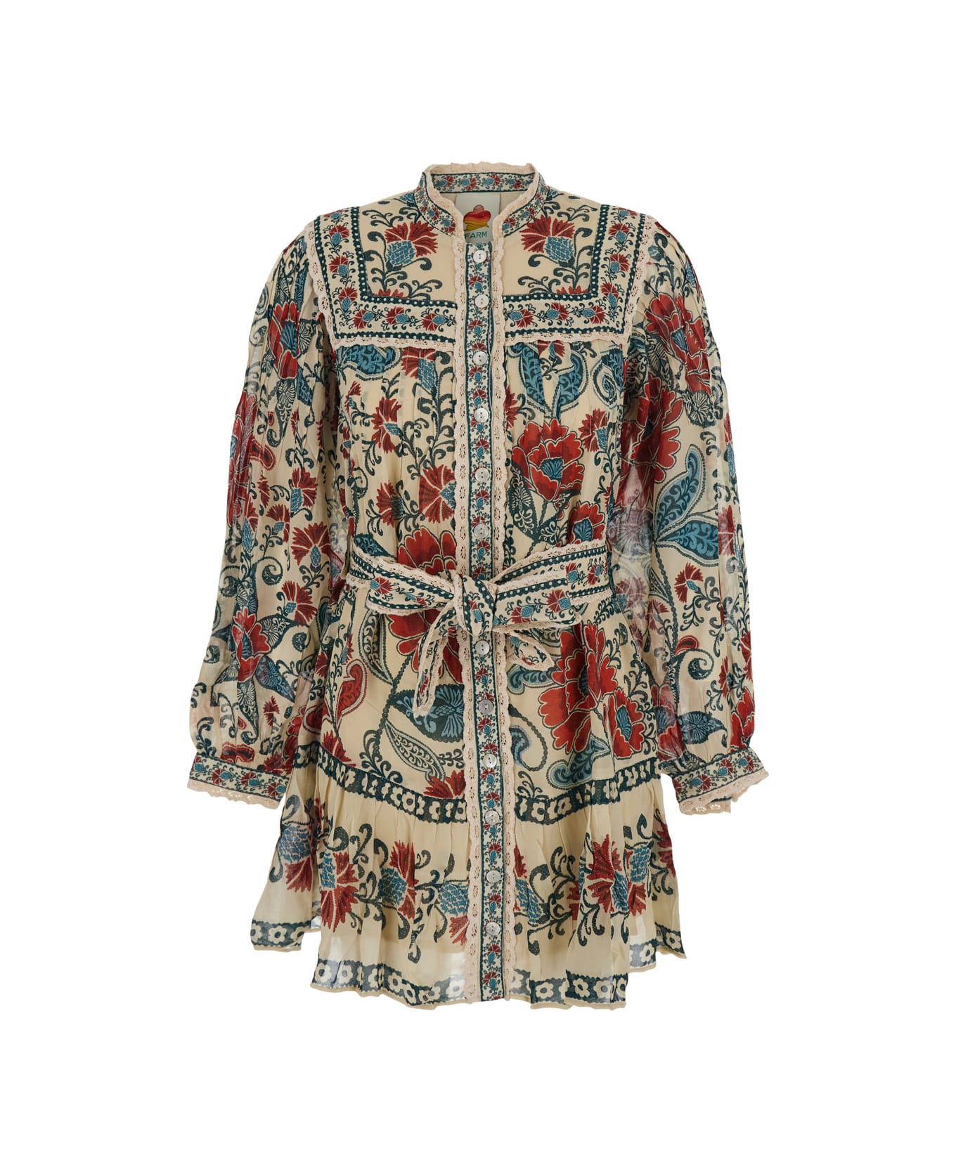 Farm Rio Francesca Sand Long Sleeve Mini Dress - Multicolor