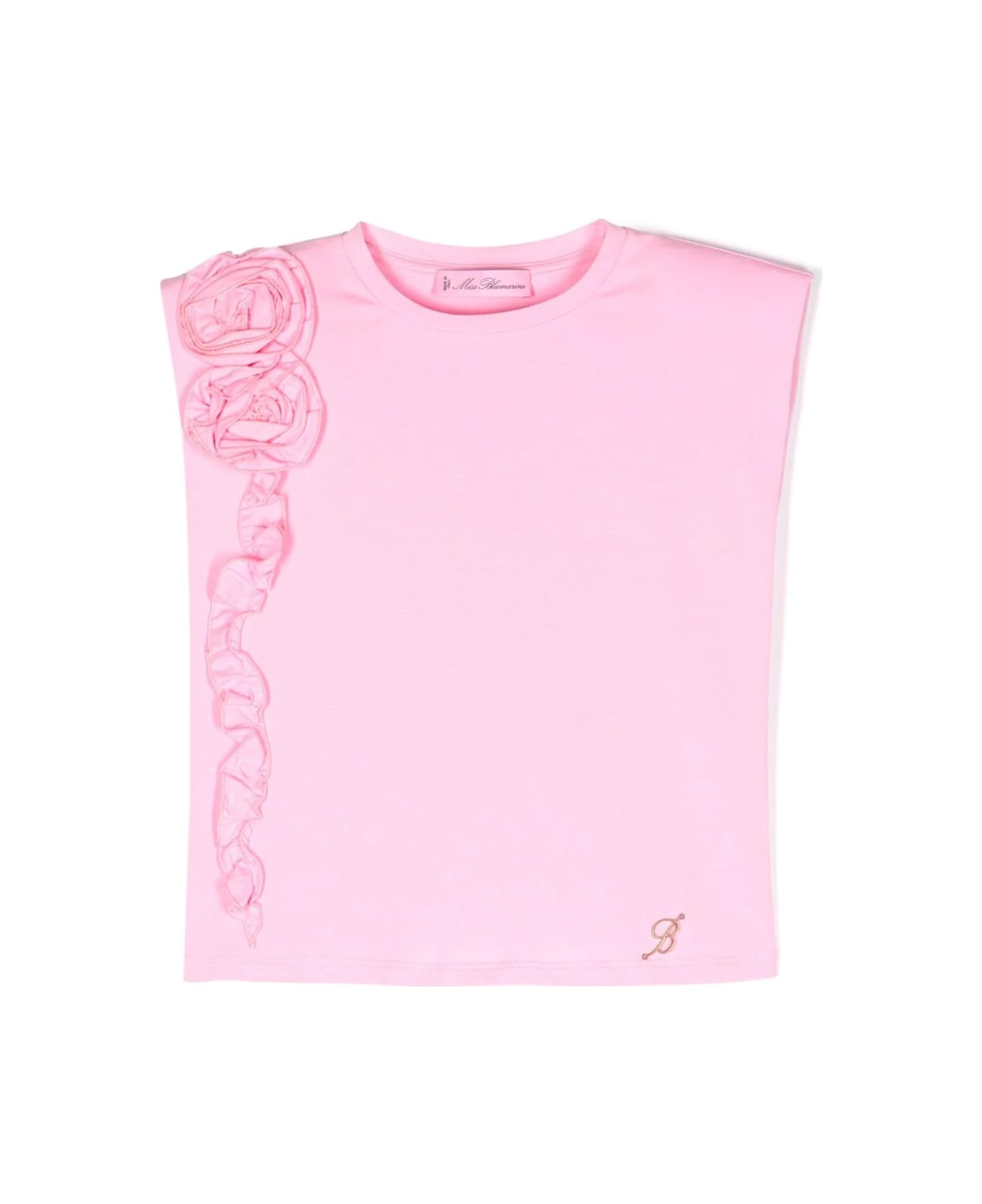 Miss Blumarine Pink T-shirt With Flowers And Ruffles - Pink Tシャツ＆ポロシャツ