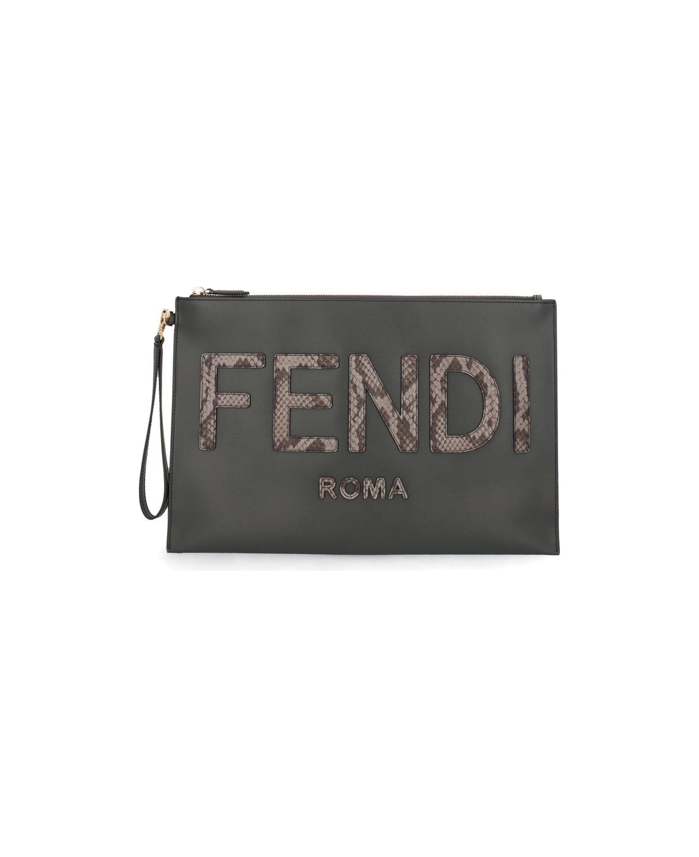 Fendi Logo Detailed Large Flat Pouch - Grey, brown  クラッチバッグ