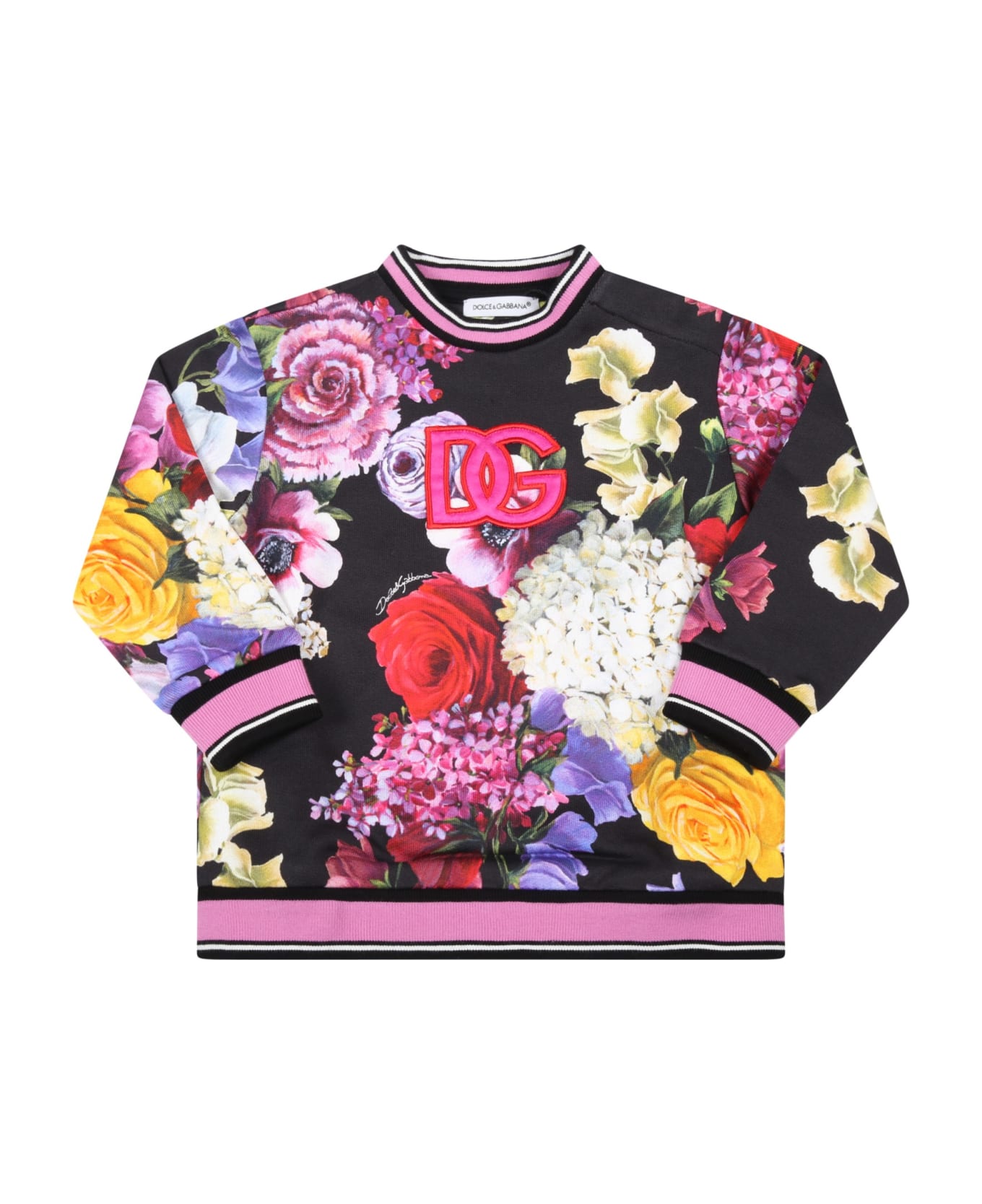Dolce & Gabbana Black Sweatshirt For Baby Girl With Floral Print And Logo - Multicolor