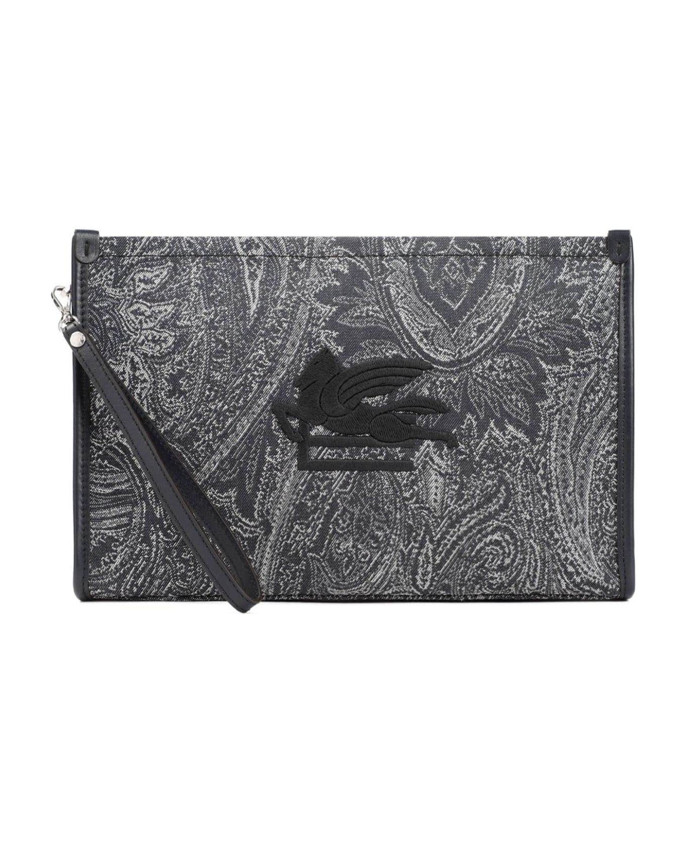 Etro Navy Blue Large Pouch With Paisley Jacquard Motif - Blue