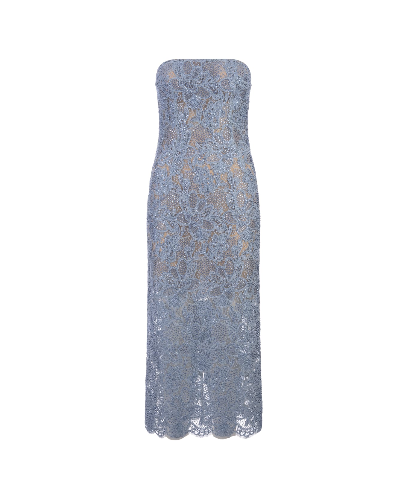 Ermanno Scervino Midi Dress In Light Blue Lace With Crystals - Blue
