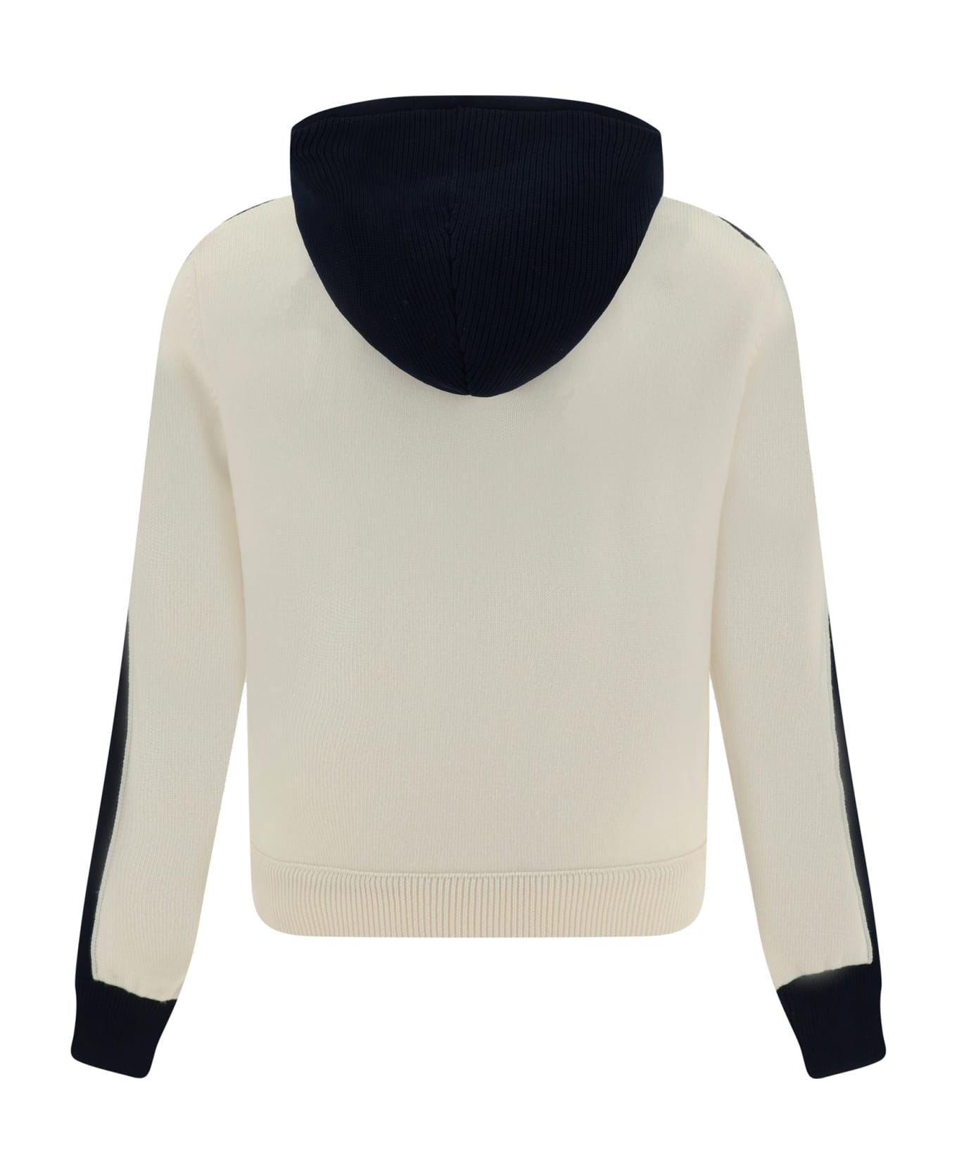 Moncler Padded Tricot Cardigan With Hood In White And Navy Blue - 034