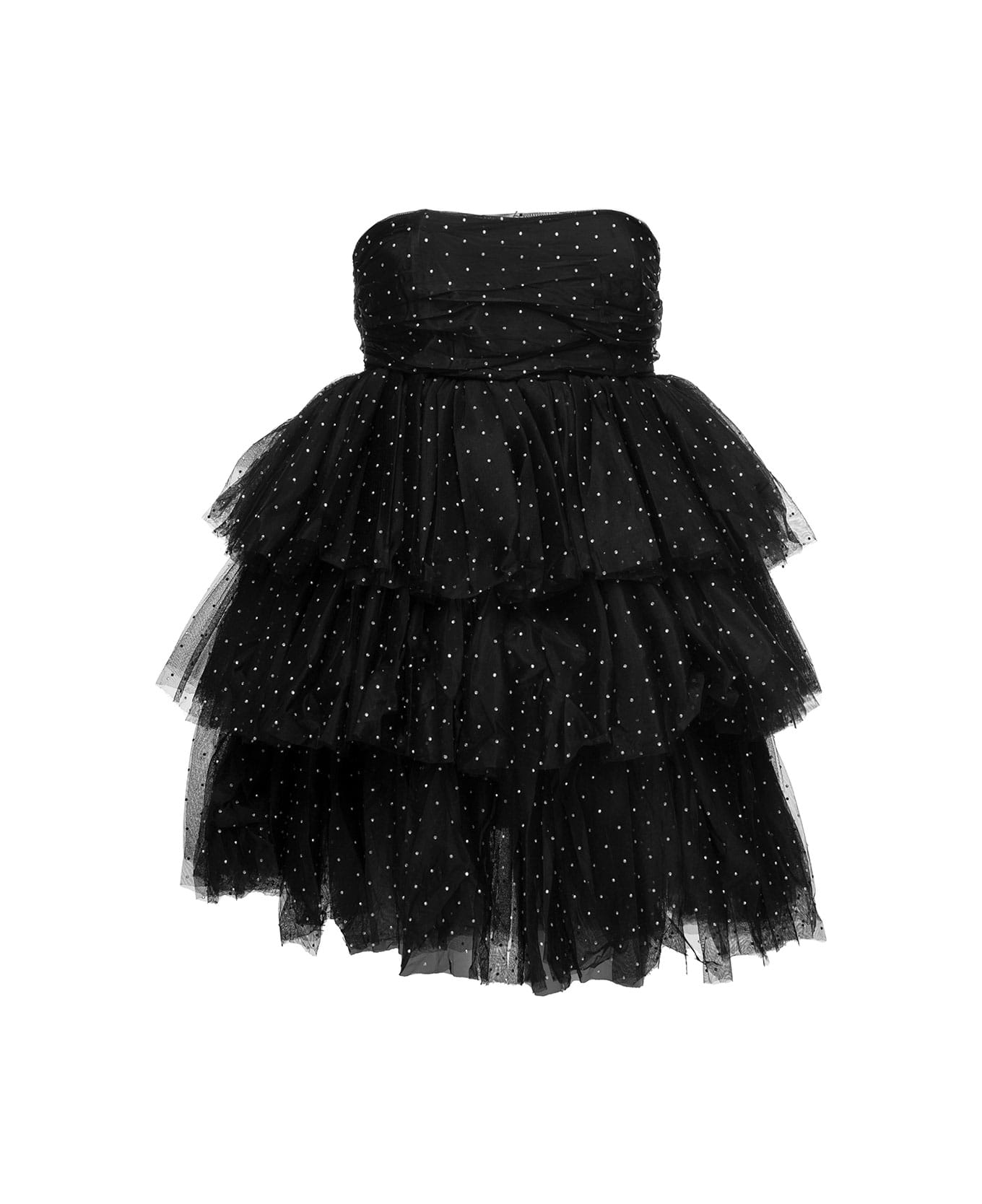 Rotate by Birger Christensen Mini Black Flounced Dress With All-over Rhinestones Embellishment In Mesh Woman - Black