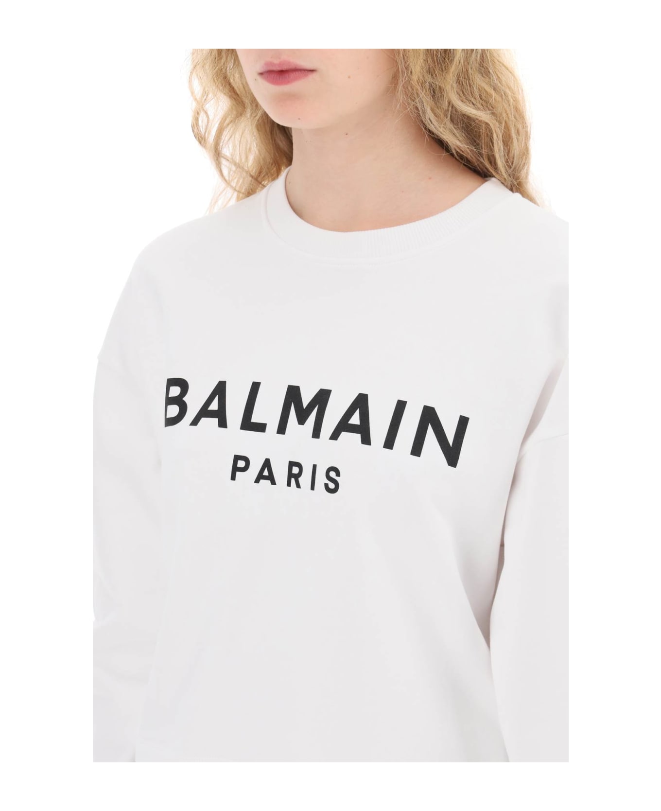 Balmain Cropped Sweatshirt With Flocked Logo - BLANC NOIR (White) フリース