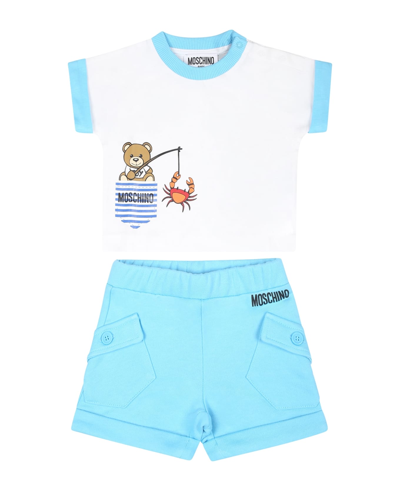 Moschino Light Blue Suit For Baby Boy With Teddy Bear - White