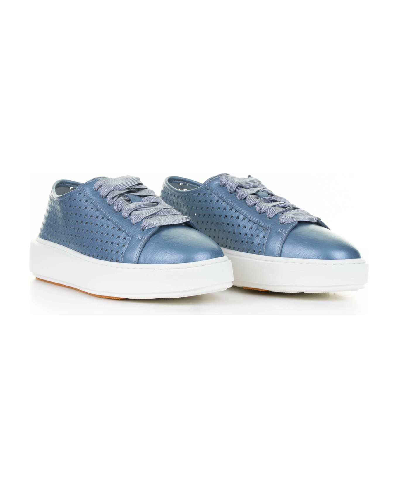 Santoni Light Blue Sneaker In Laminated Perforated Leather - LIGHT BLUE