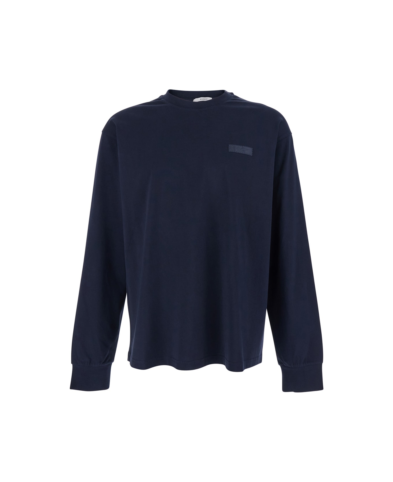 Givenchy Blue Long-sleeved T-shirt With Chest Logo Patch In Cotton Man - Blu