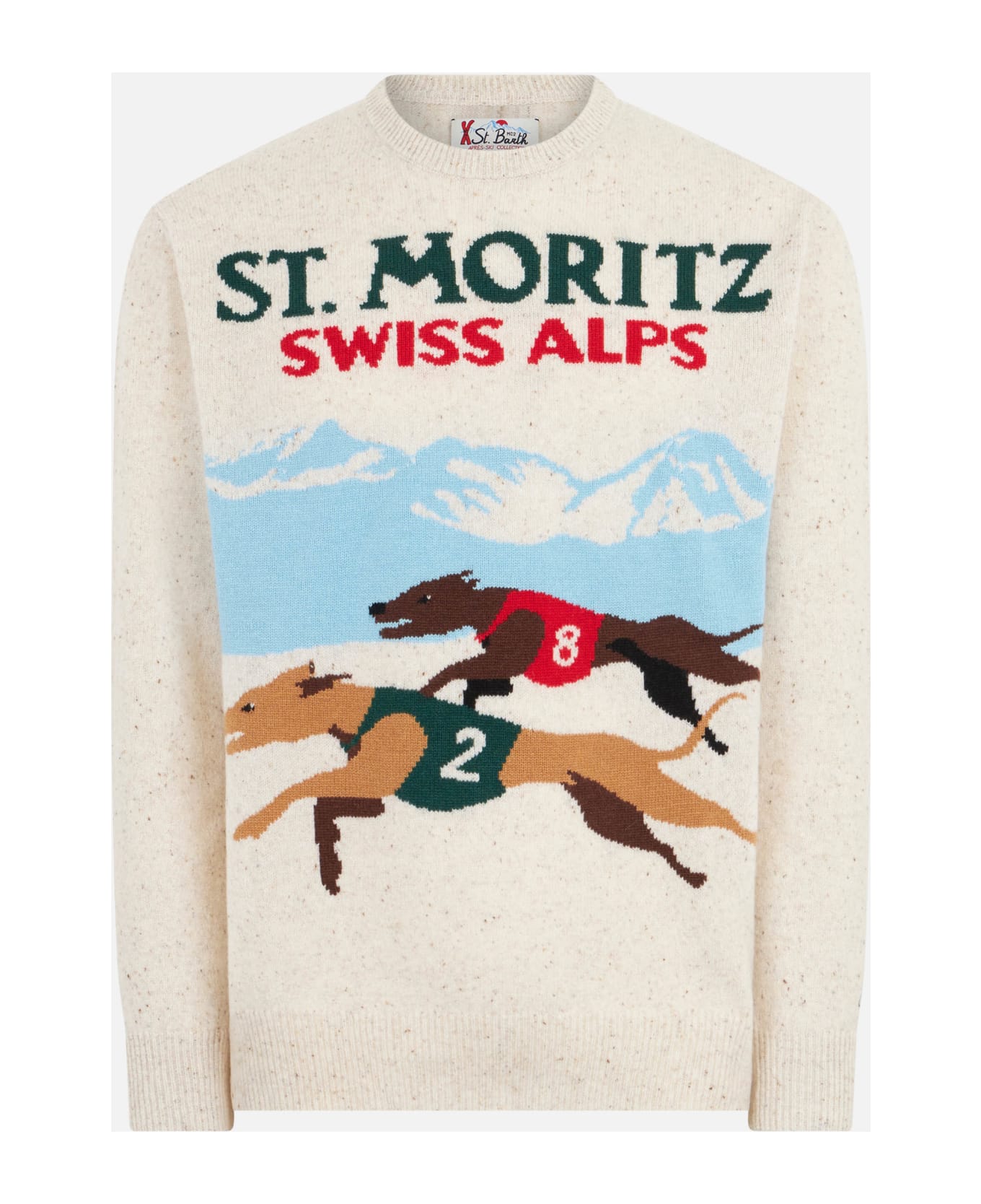 MC2 Saint Barth Man Crewneck Donegal Sweater With St. Moritz Polo Print - WHITE