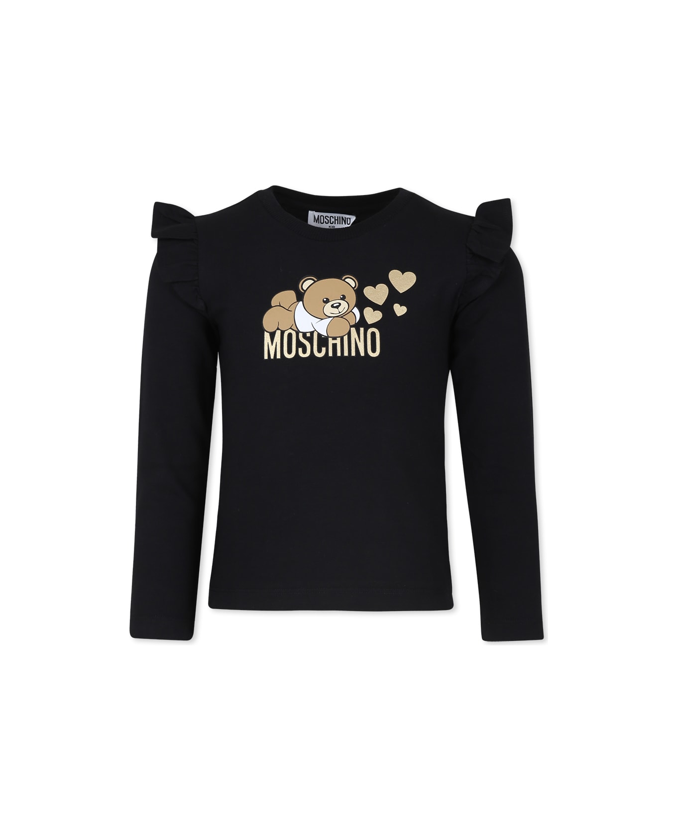 Moschino Black T-shirt For Girl With Lying Teddy Bear And Hearts - Black