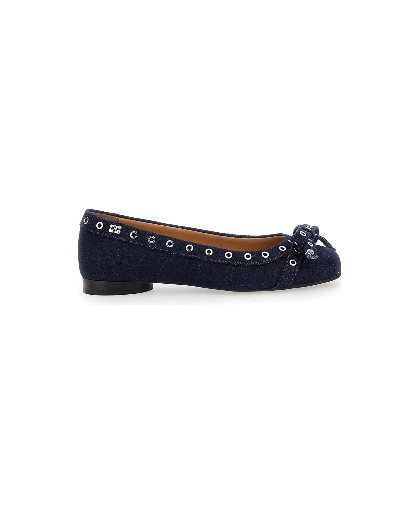Ganni Blue Ballet Flats With Eyelet Details In Cotton Woman - Denim/Blue
