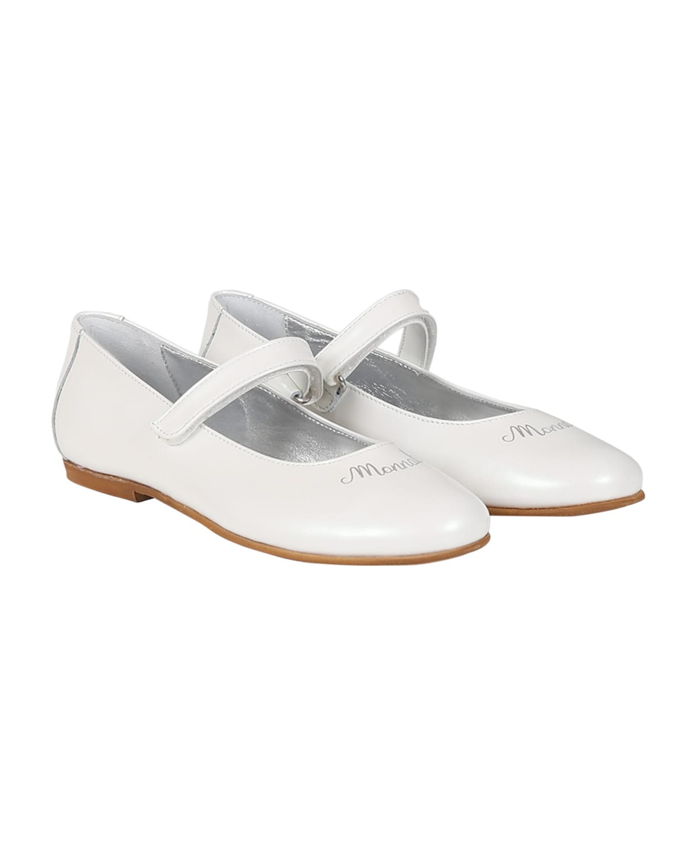 Monnalisa Ivory Ballet Flats For Girl With Logo - Ivory