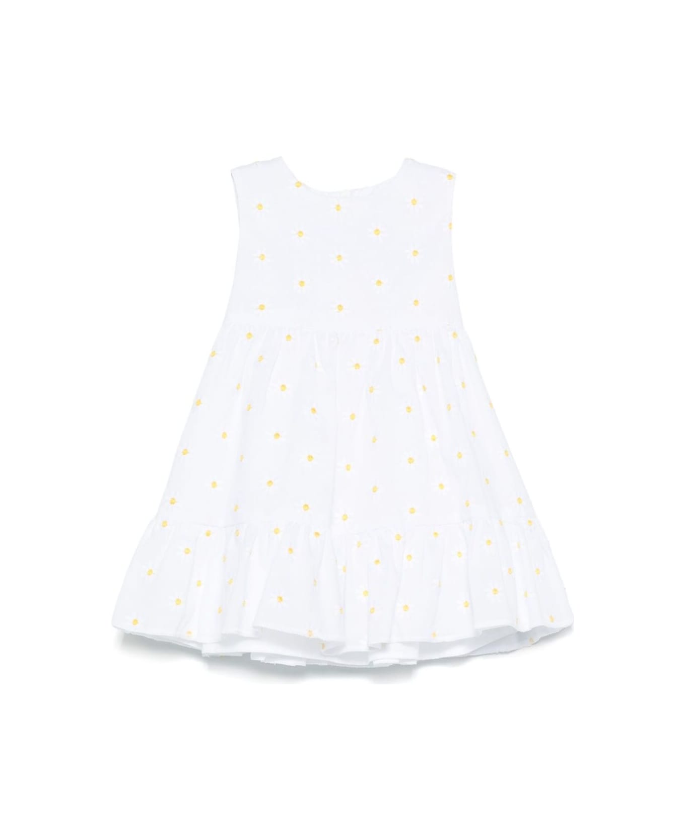 Il Gufo White Dress With All-over Embroidered Flowers And Waist Tie In Cotton Baby - White