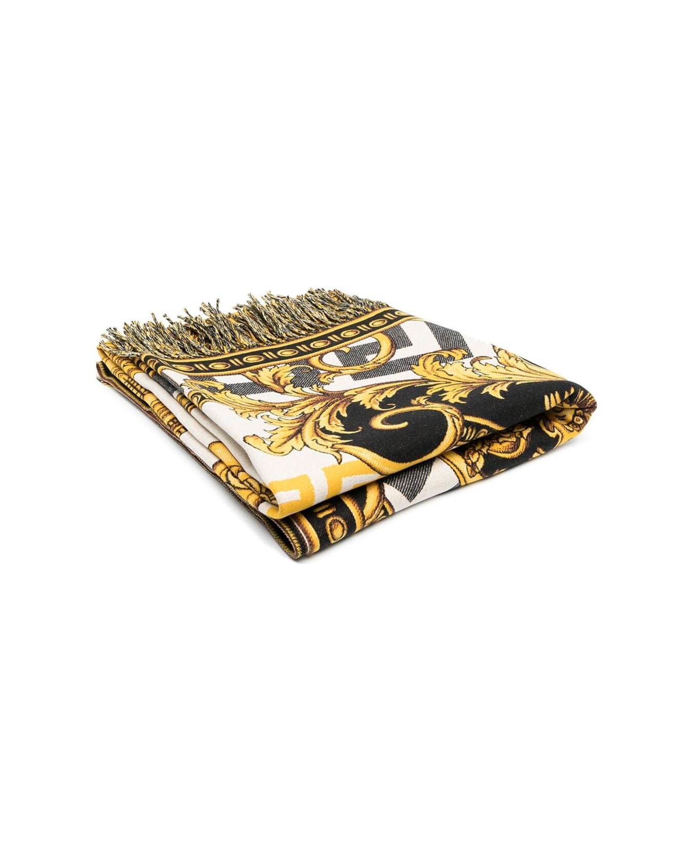 Versace White / Gold / Black Wool Blanket With All Over Baroque Print - Black