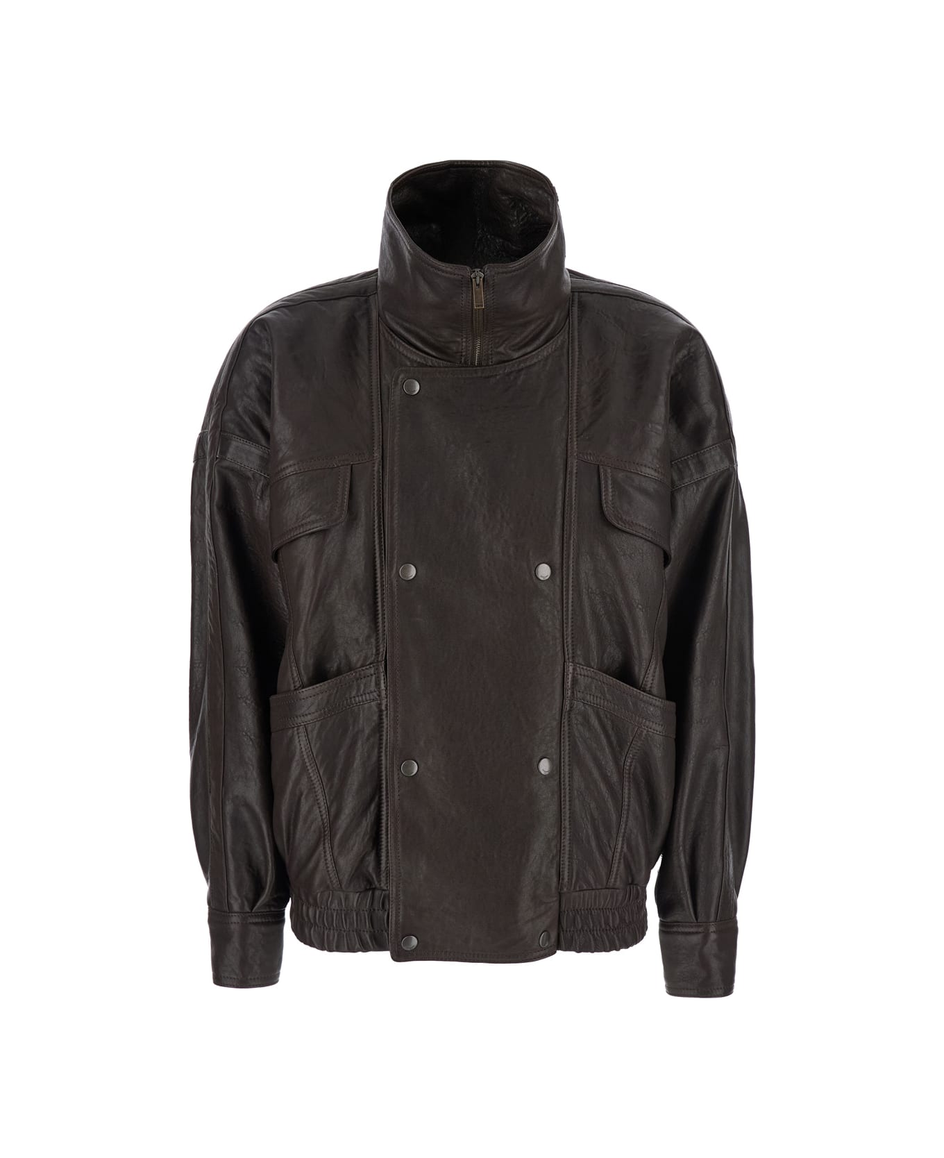 Saint Laurent Brown Bomber Jacket With Mandarin Collar And Elastic Waist In Leather Woman - Brown