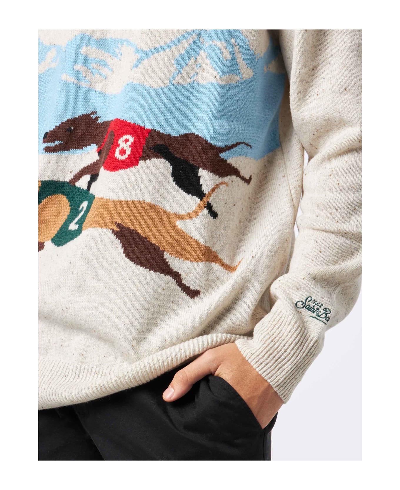 MC2 Saint Barth Man Crewneck Donegal Sweater With St. Moritz Polo Print - WHITE