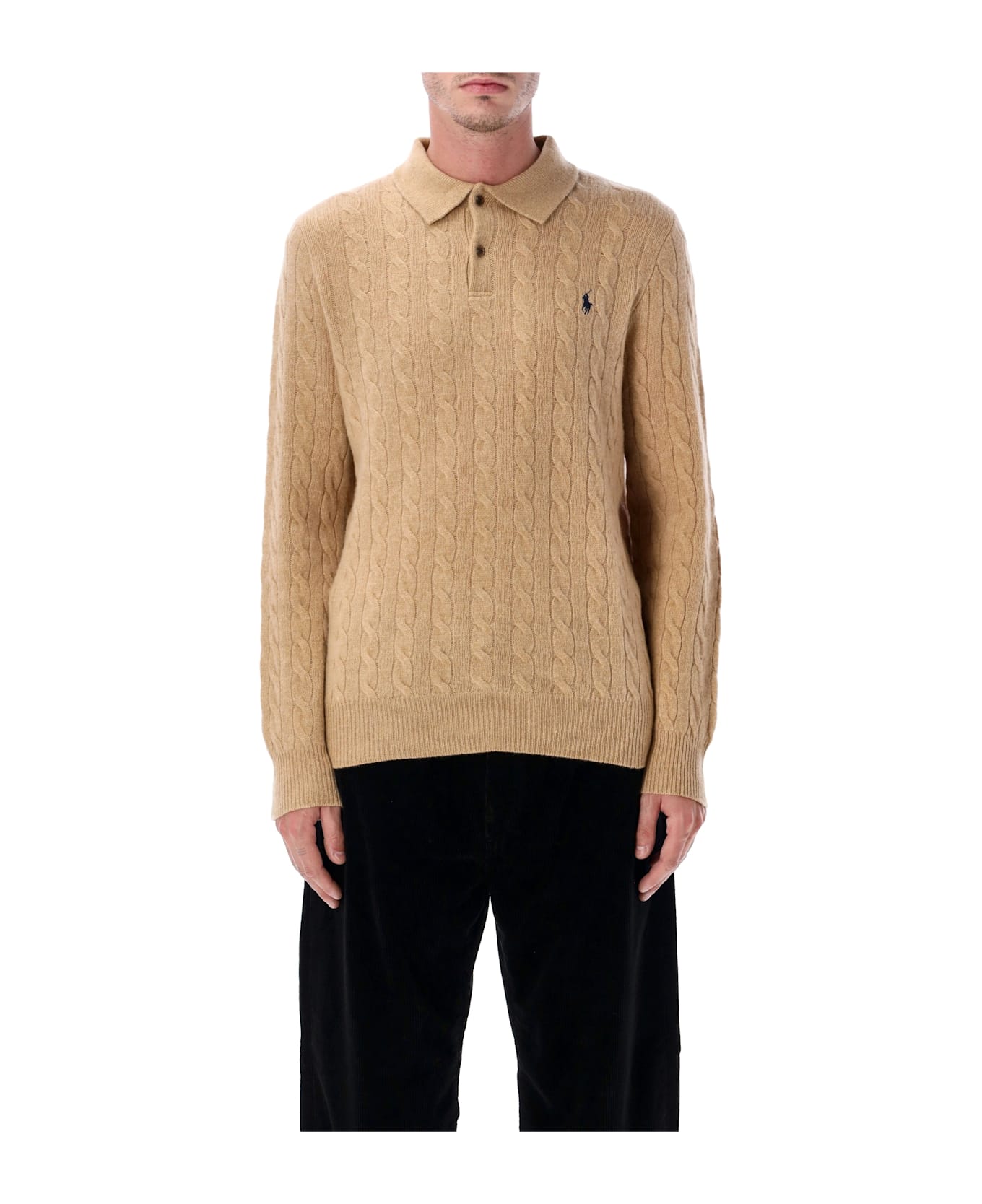 Ralph Lauren Polo Ralph Lauren Cable Knit Wool And Cashmere Polo Sweater - CAMEL MELANGE