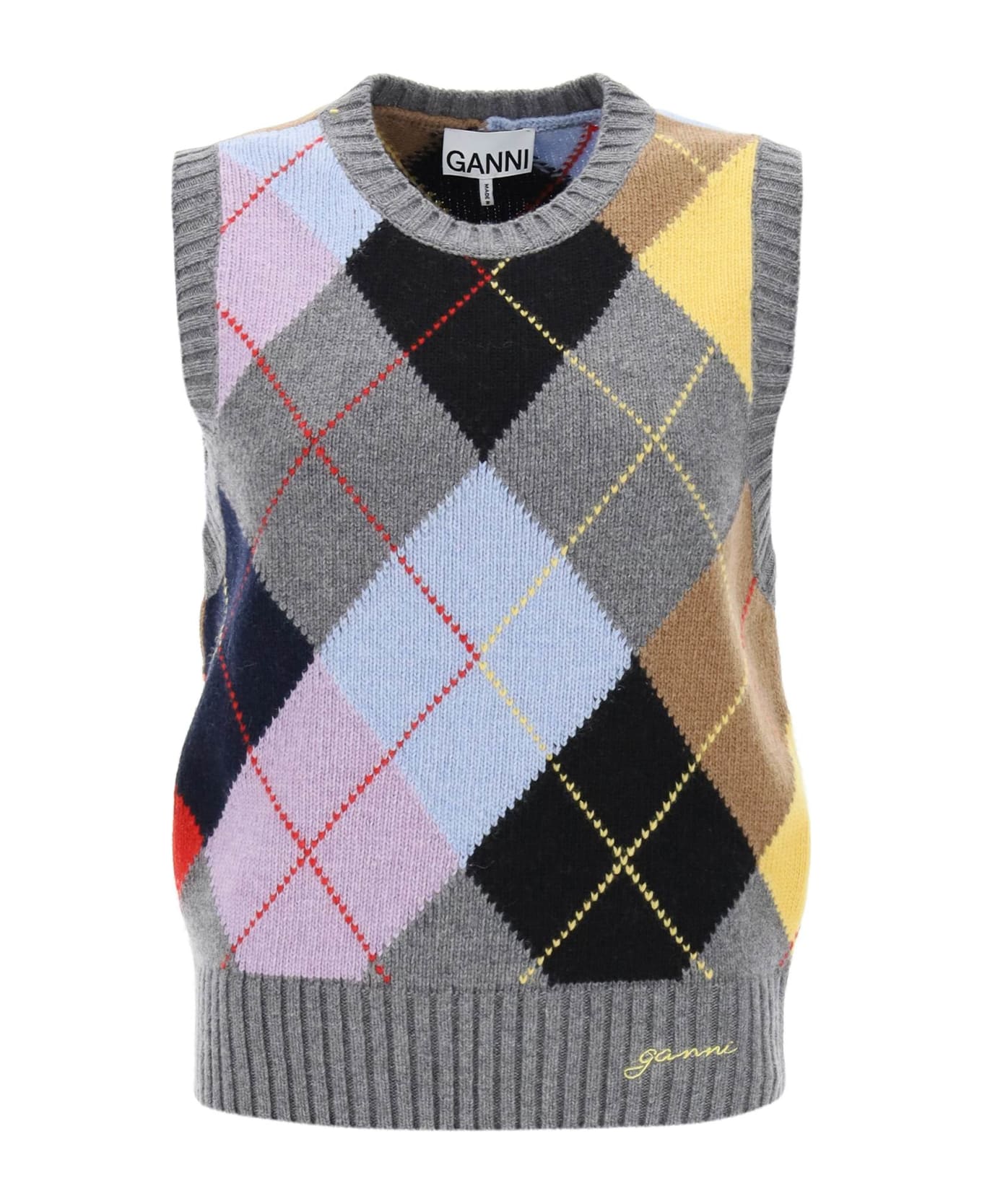 Ganni Wool Vest With Argyle Pattern - FROST GRAY ベスト