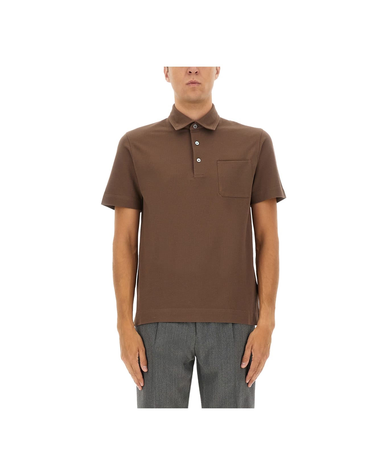 Zegna Cotton Polo Shirt With Pocket - BROWN