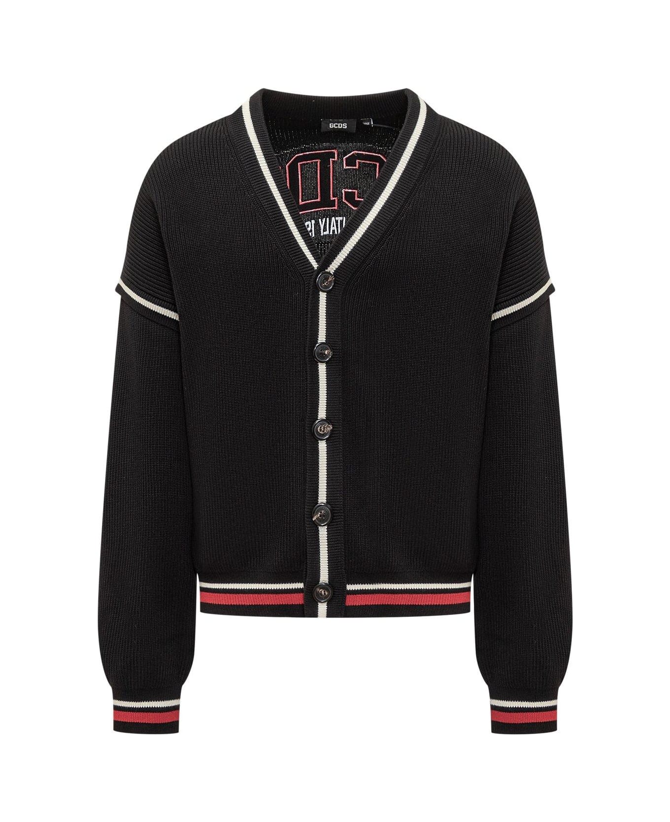 GCDS Stripe Detailed Logo Knitted Cardigan - Black