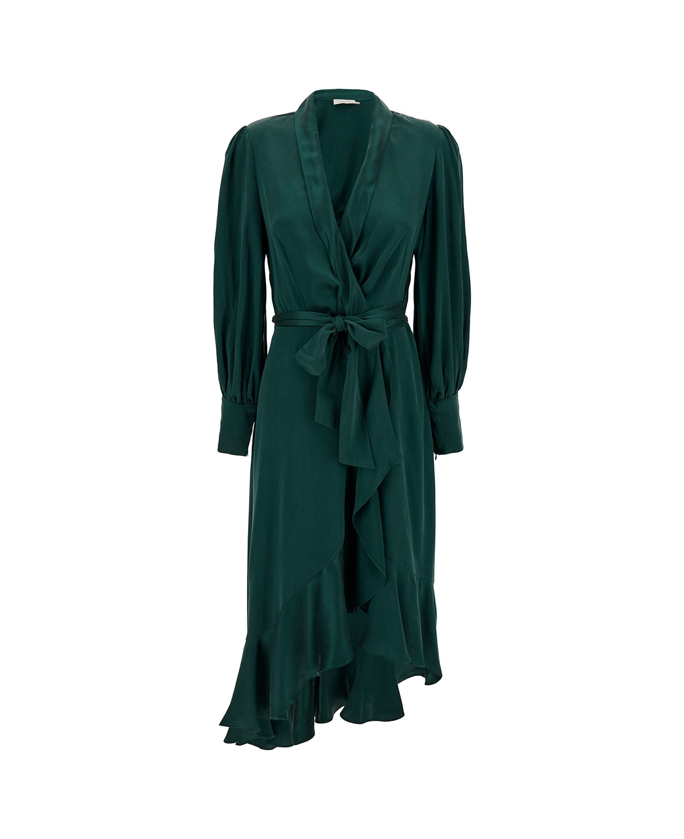 Zimmermann Midi Asymmetric Green Dress With Belt In Silk Woman - Green