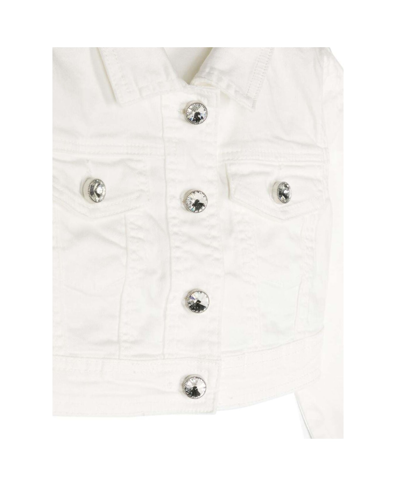 Monnalisa White Crop Jacket With Buttons In Stretch Cotton Denim Girl - White
