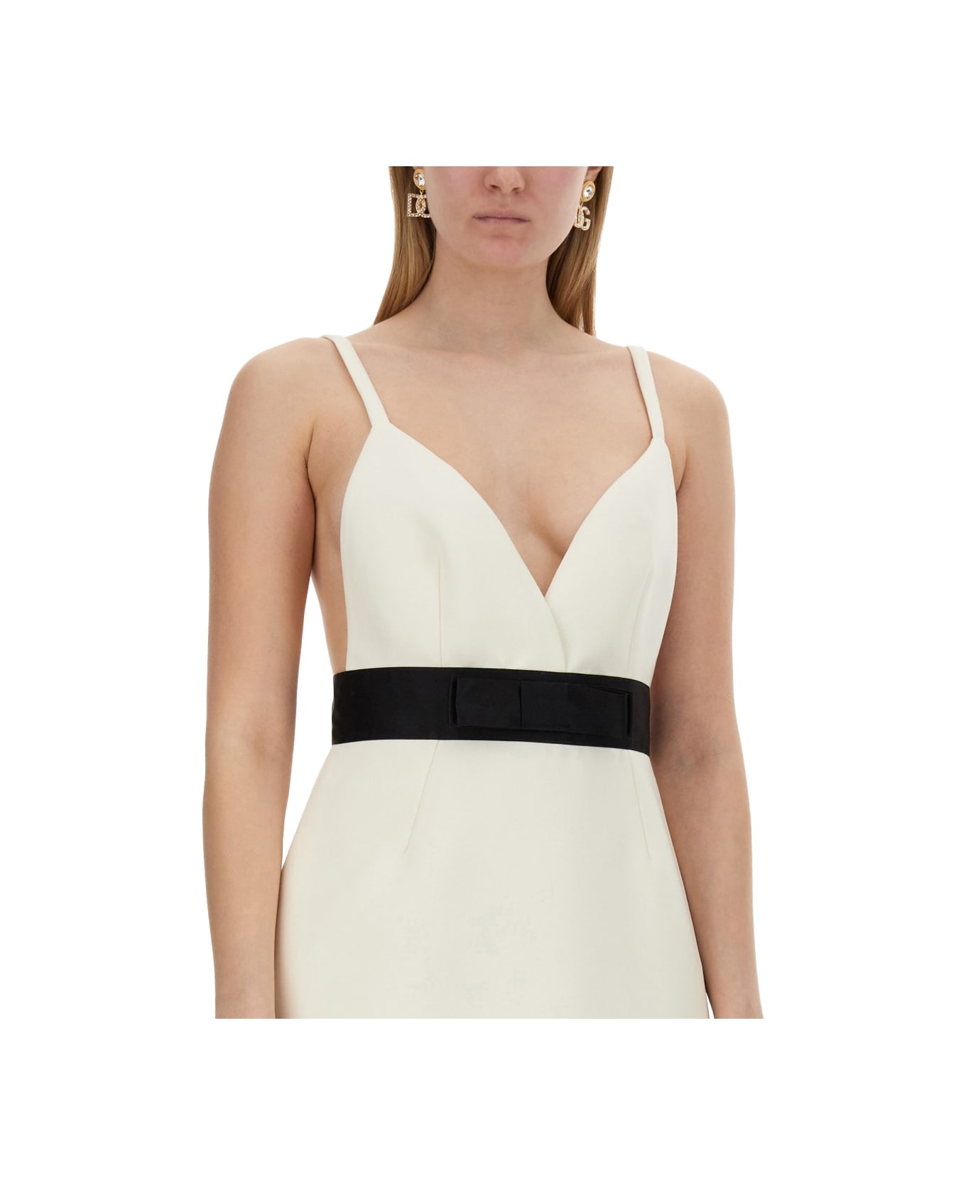 Dolce & Gabbana Short Dress With Shoulder Straps And Satin Belt - WHITE